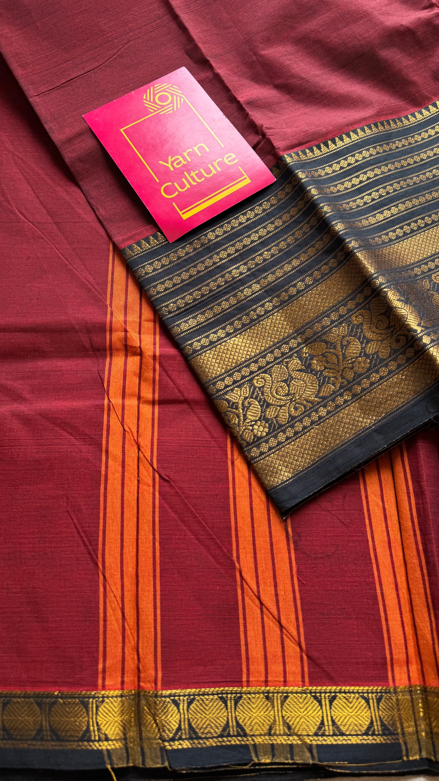Kanchi cotton saree, dark red with black wide zari border - YCCOTNAP91