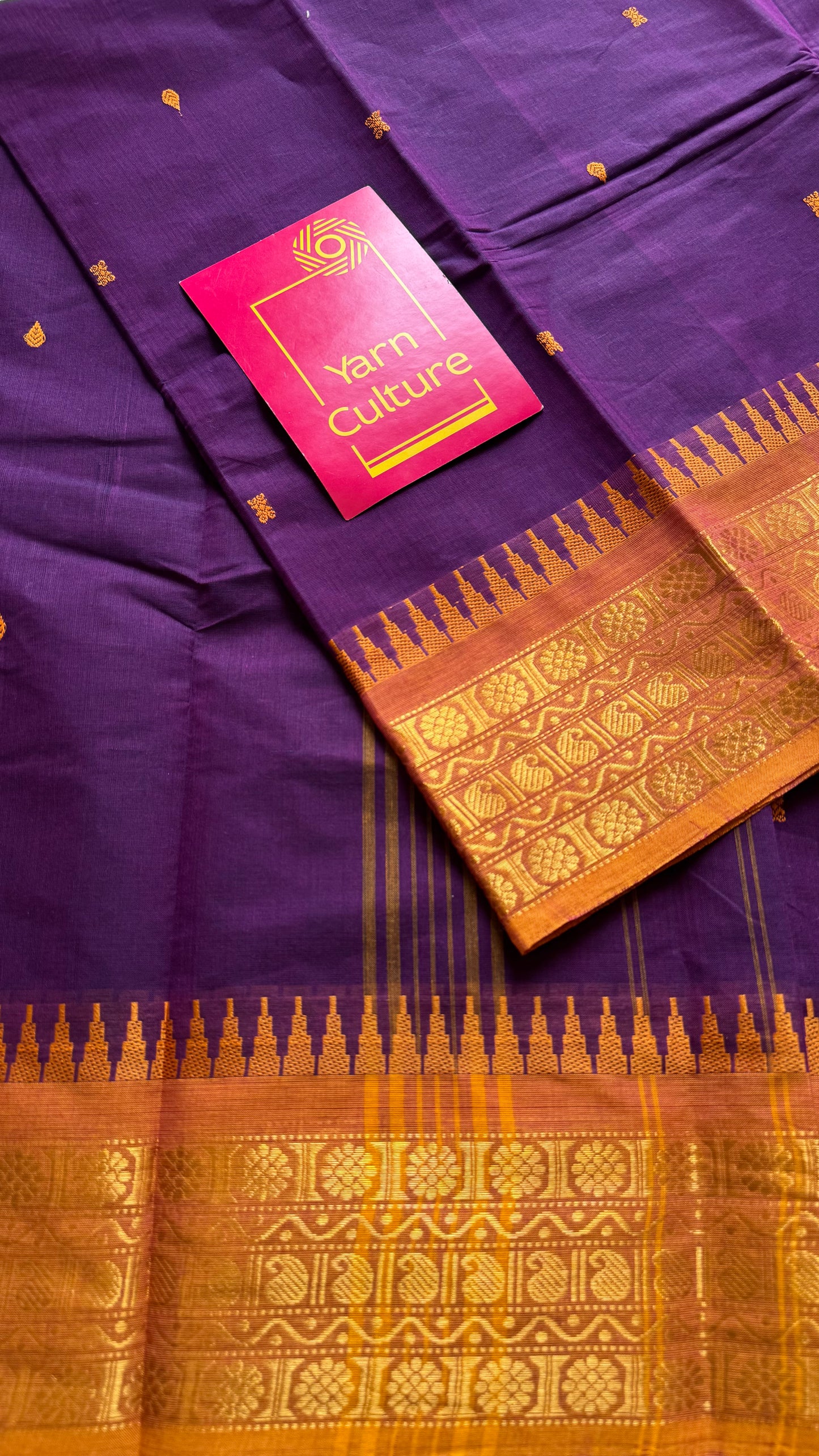 Kanchi cotton saree, purple with turmeric yellow border - YCCOTNAP87
