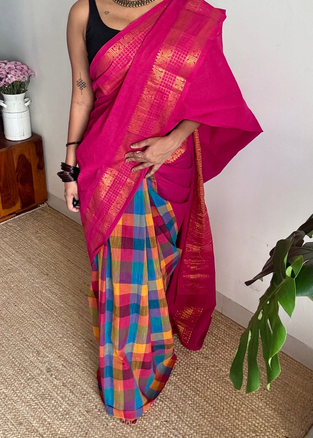 Hot pink with multicoloured madras checks, cotton half and half saree - YCCOTNIDOC163