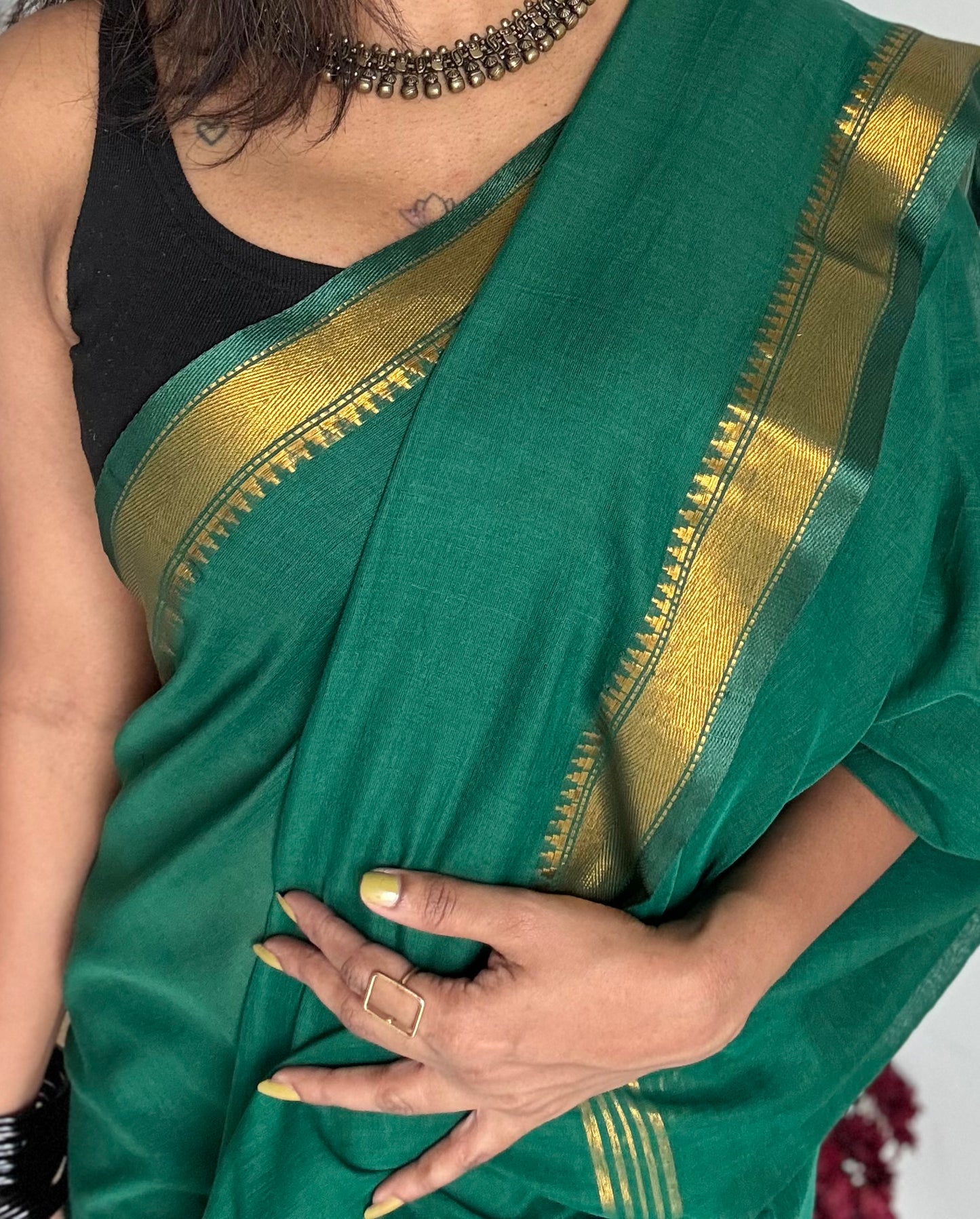 Dark green soft cotton with maheswari gold zari border - YCBCMCFE215