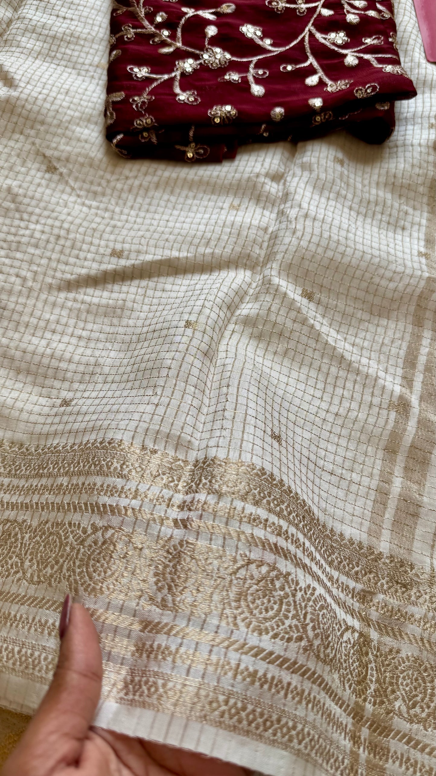 Off white and gold soft georgette saree, checks, gold border - YCIEON84