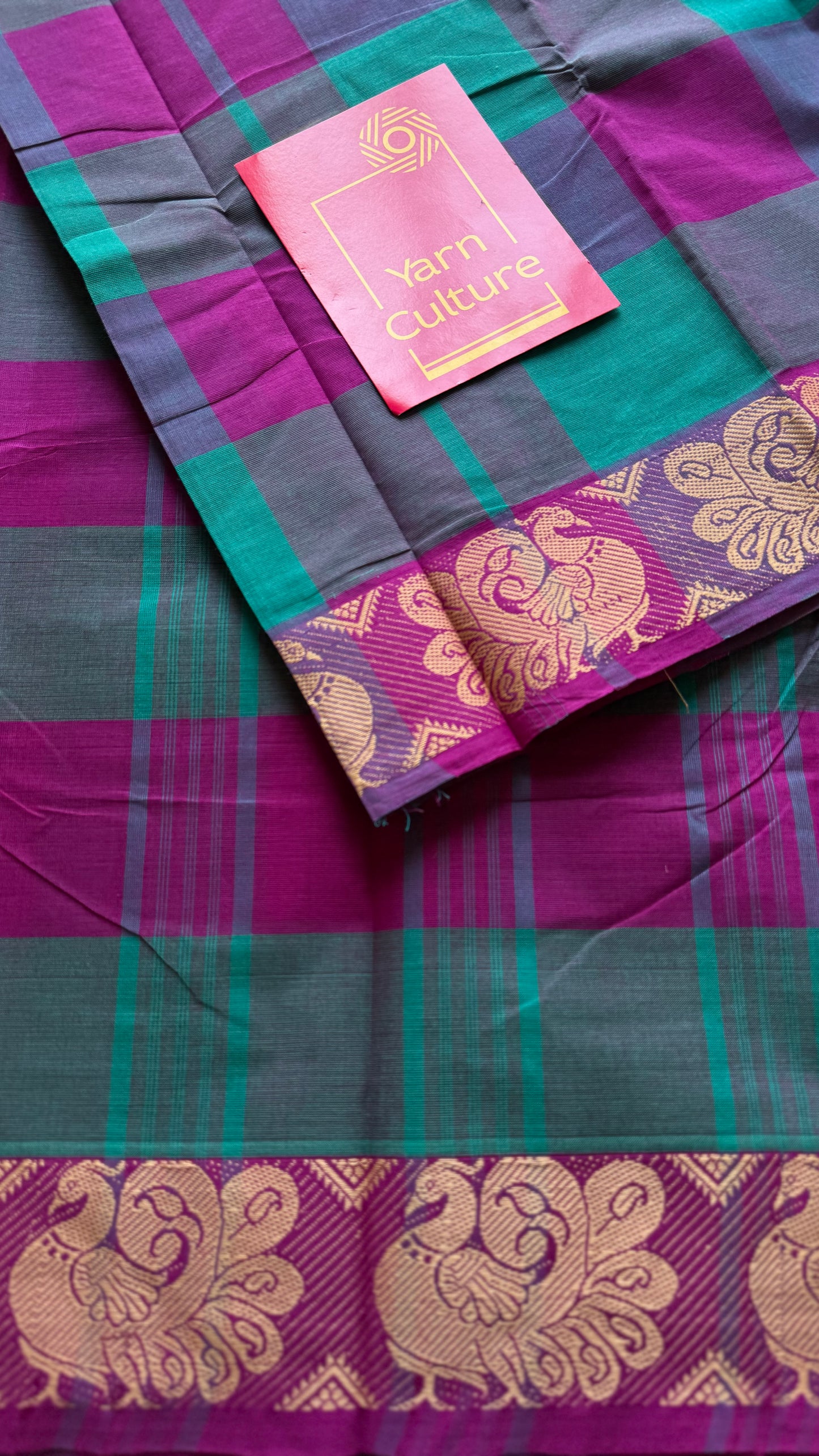 Chettinad cotton saree with magenta and cyan checks, peacock motif border - YCCOTNJUCC03