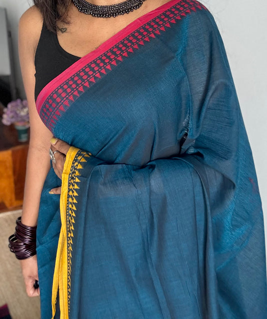 Dhonekhali handloom soft cotton saree, peacock blue with red and yellow thread borders - YCBCDFE257