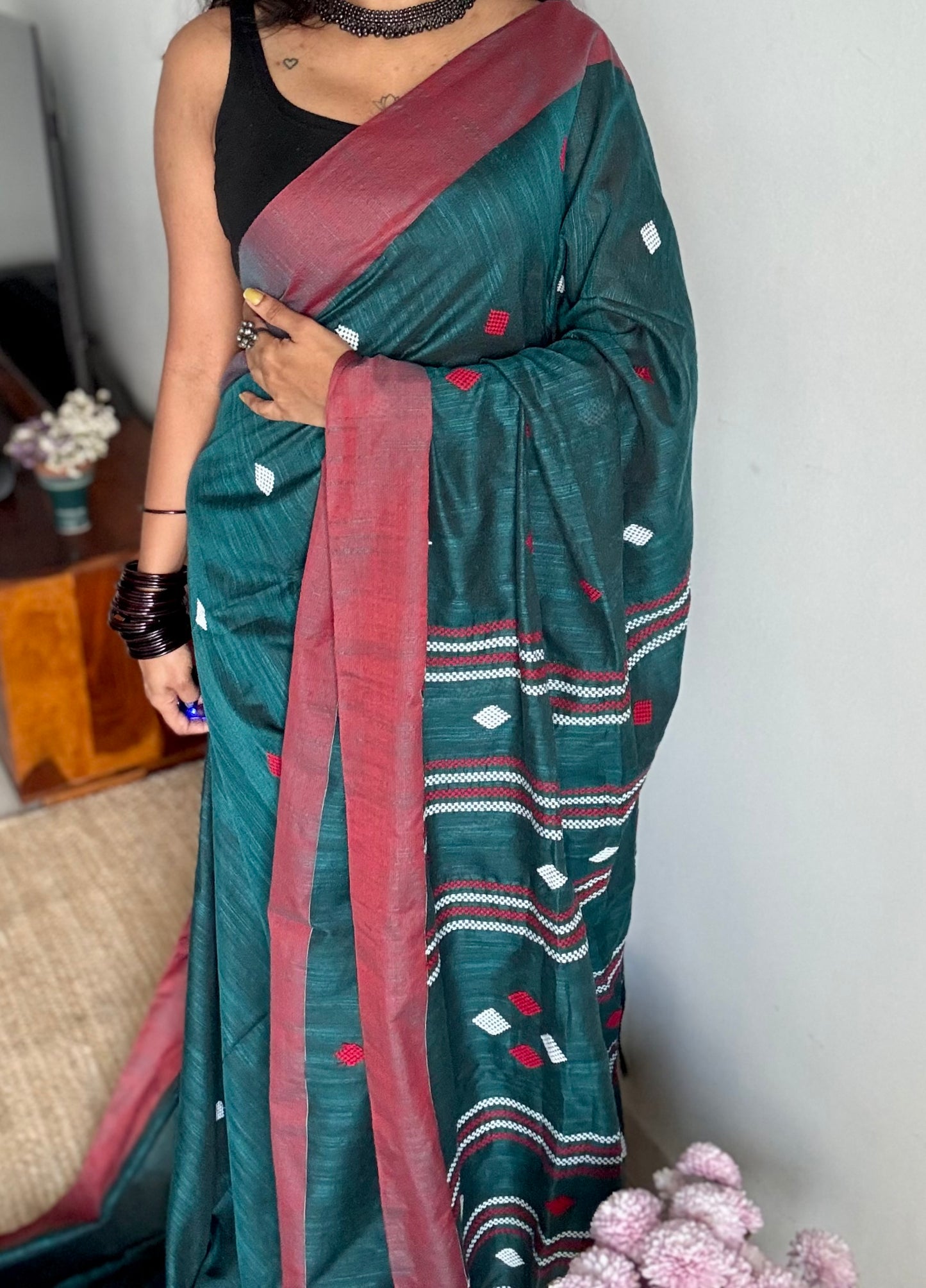 Peacock green with burnt red, soft khadi cotton with woven motifs - YCBCKCDE27