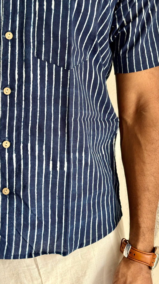 Indigo Striped Block Printed Cotton Men's Half Sleeve Mandarin Collar Kurta Shirt - YCMSEIE186