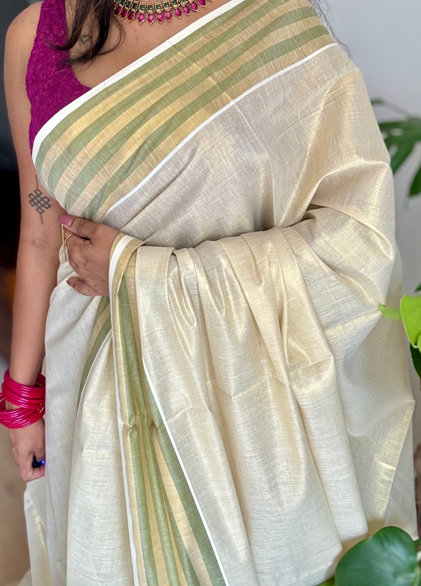 Ivory and gold soft tissue cotton saree, light green border - YCIEON65