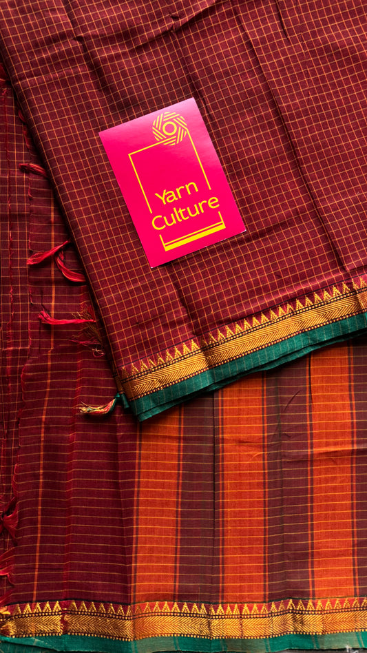 Deep maroon checks - cotton silk blend, premium narayanpet - YCWOTDNPC09