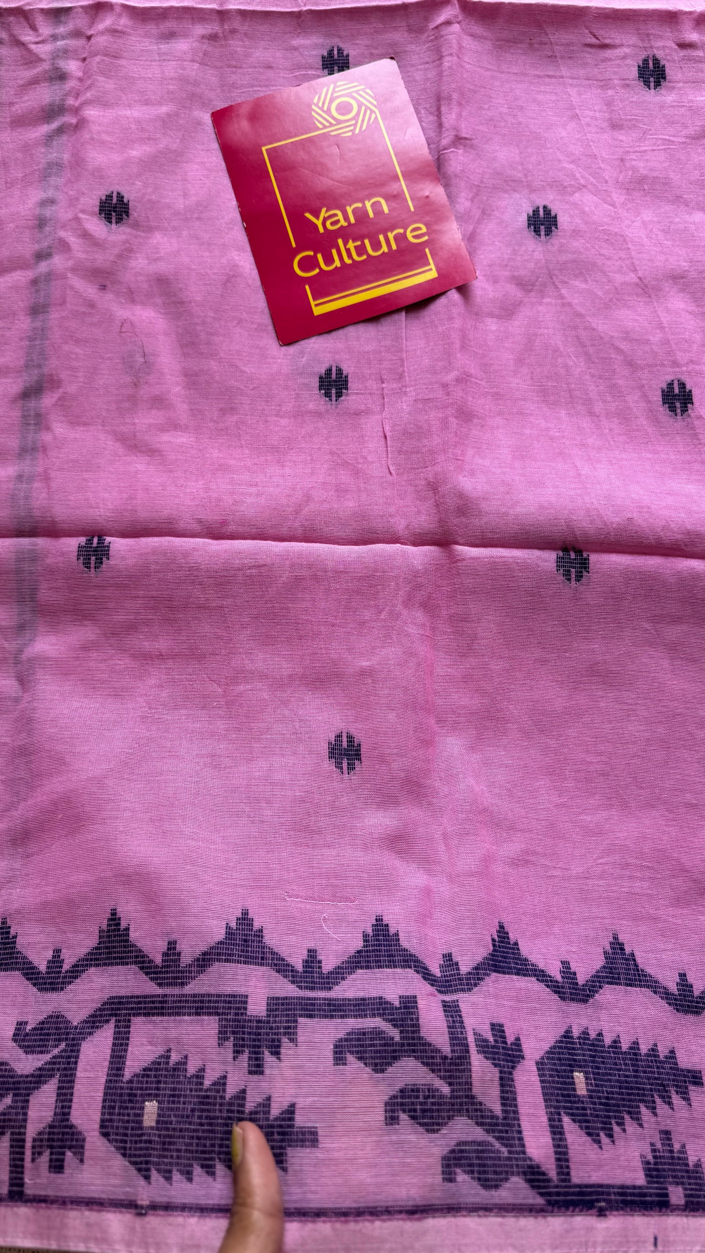 Pink with dark blue contrast jamdani saree in soft handloom cotton - YCBCJDFE379