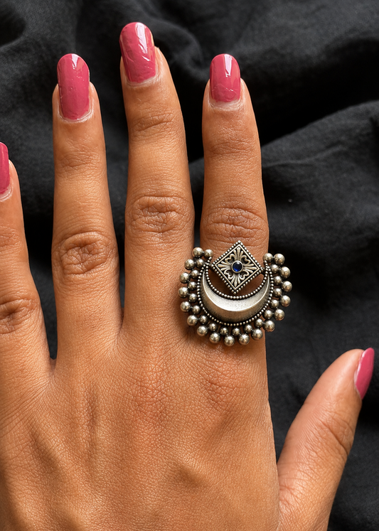 Adjustable ring, half moon ring, blue stone - YCOSFR601