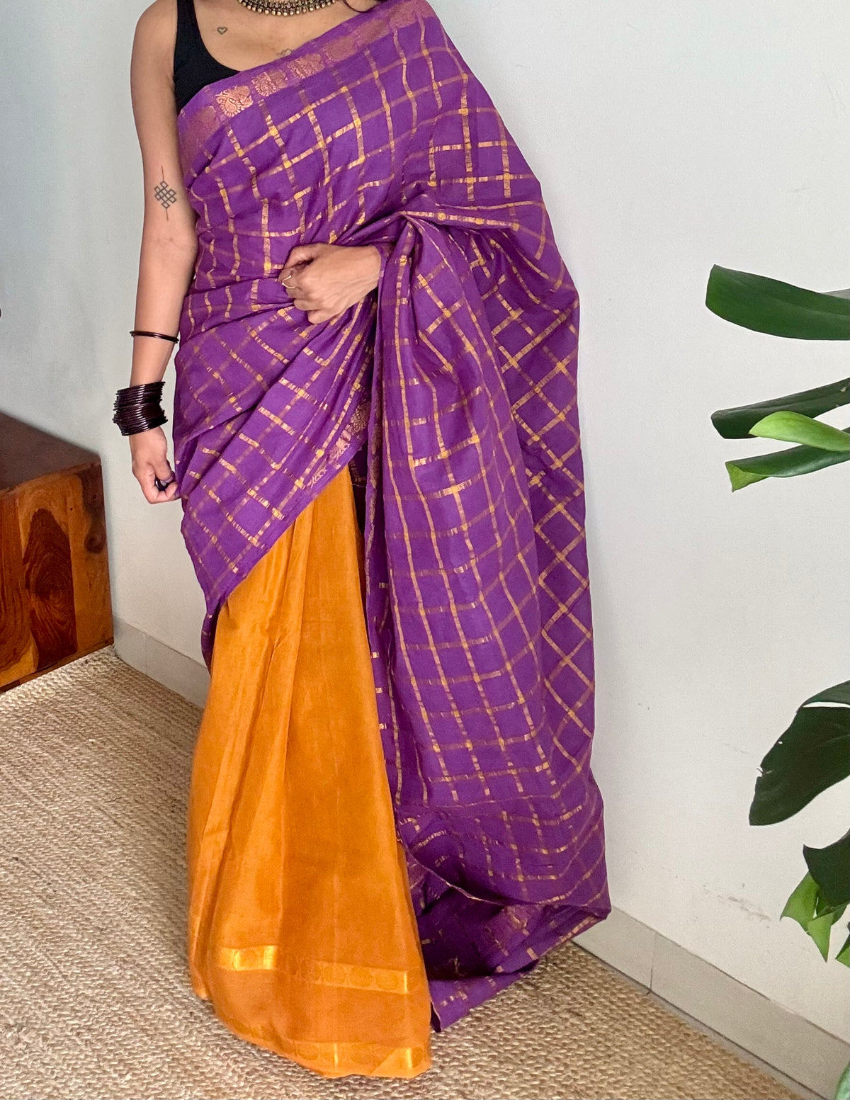 Purple with turmeric yellow, sungudi cotton half-half saree - YCCOTNIDOC14