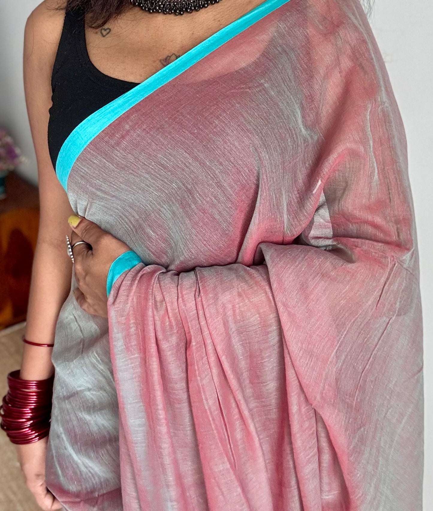 Dusky pinkish brown with aqua blue border mul cotton saree - YCBCMCFE222