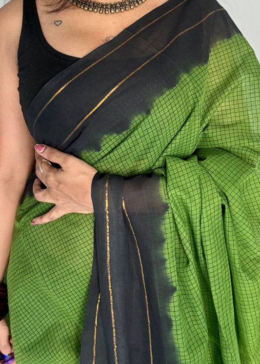 Green with black contrast, checkered kattuchayam dyed madurai cotton saree - YCCOTNMA233