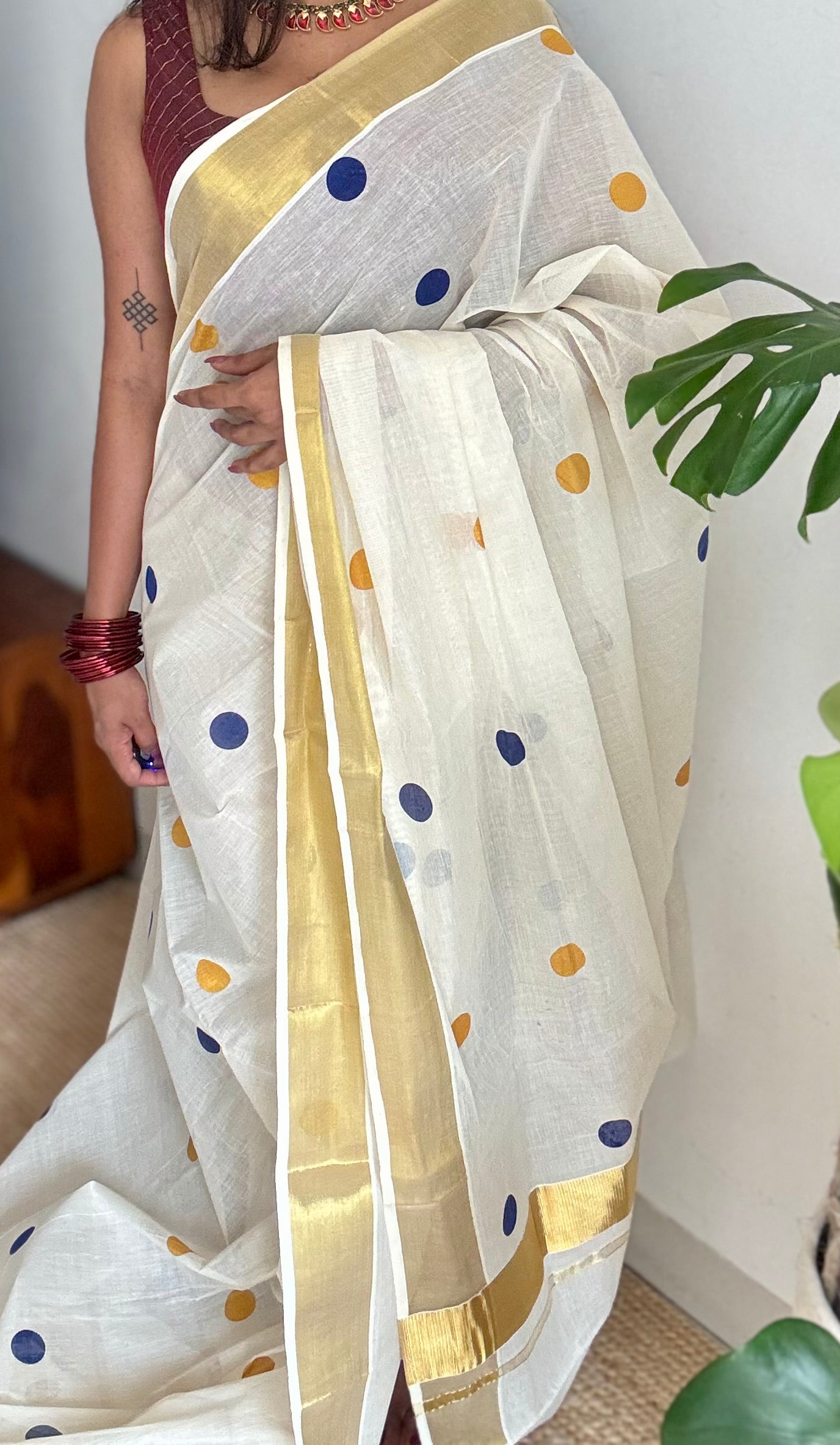 Ivory and gold soft cotton kasavu saree, navy blue and yellow polka - YCIEON73