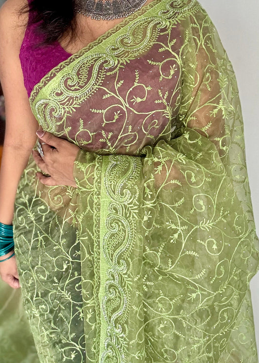 Olive Confetti - green organza, with theadwork and sequins - YCDOSNO32