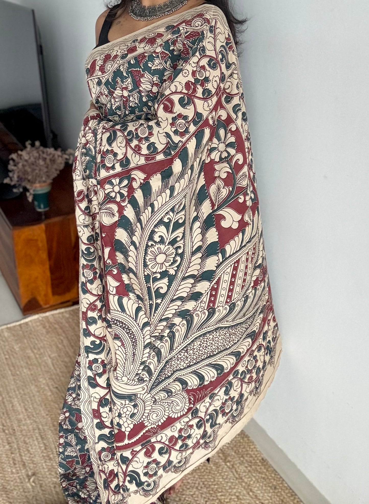 Bluish grey with beige and maroon kalamkari, floral vines, soft cotton - YCWOTDOCMP86