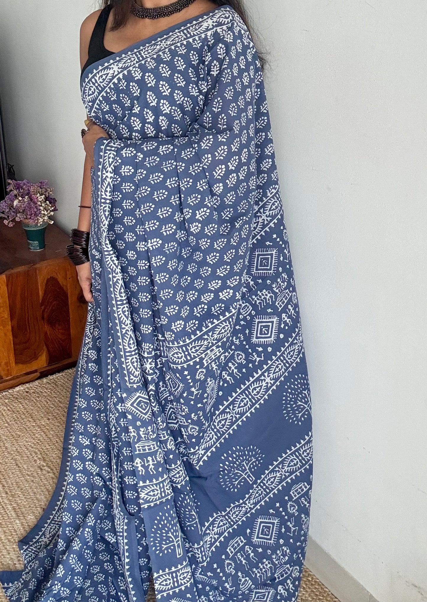 Greyish blue with off white floral block printed soft cotton saree - YCTORCMA21