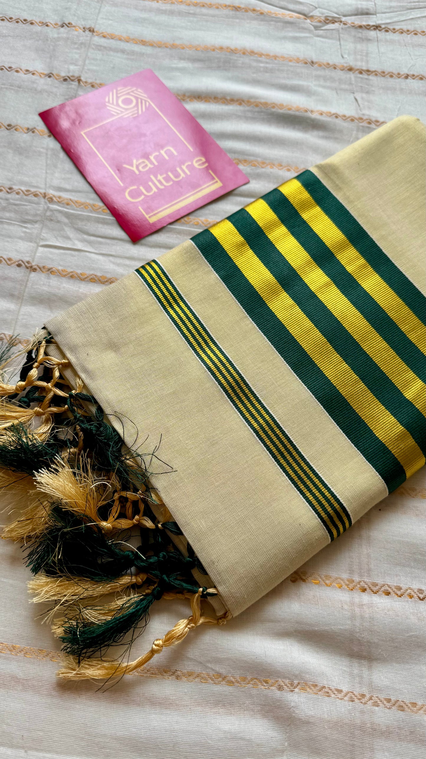 Ivory and gold soft tissue cotton saree, dark green border - YCIEON68