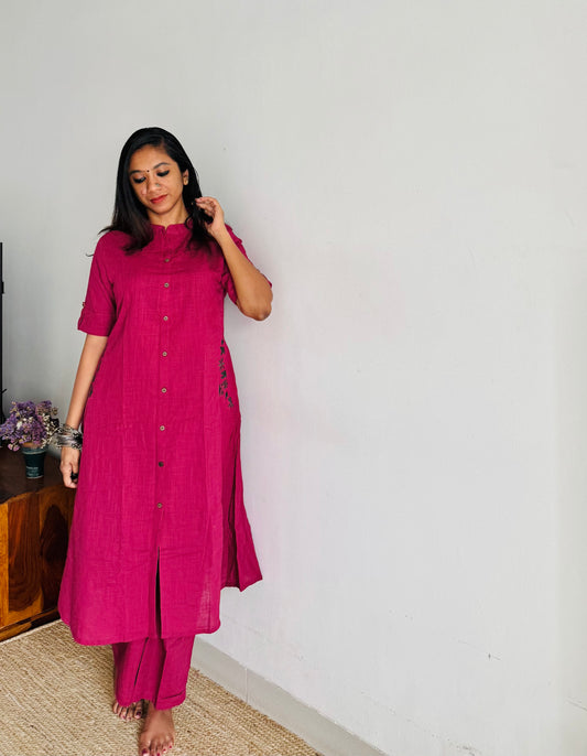 Ruby pink cotton collared stitched kurta co-ord set, elbow sleeves - YCSEBPSFE245