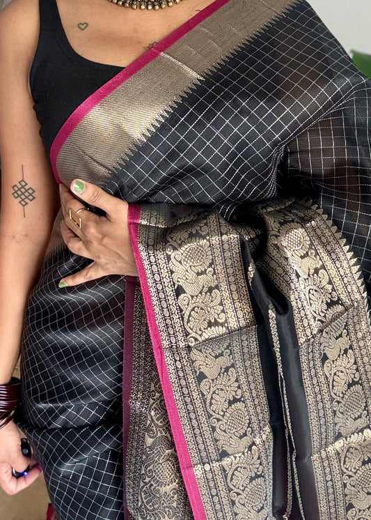 Black with dark pink silver zari checks, silver and gold peacock woven zari border, mangalgiri silk cotton, handwoven, soft, light weight - YCWOTDMSCOC123