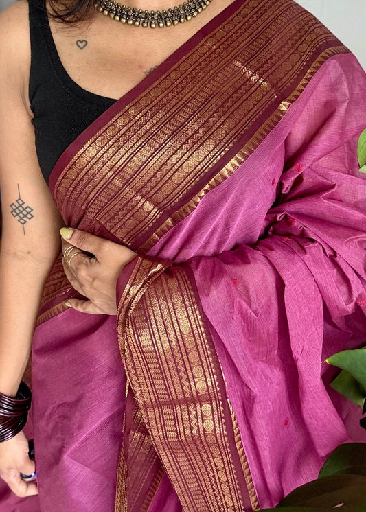 Berry pink with maroon zari border chettinad cotton saree - YCCOTNCKSE13
