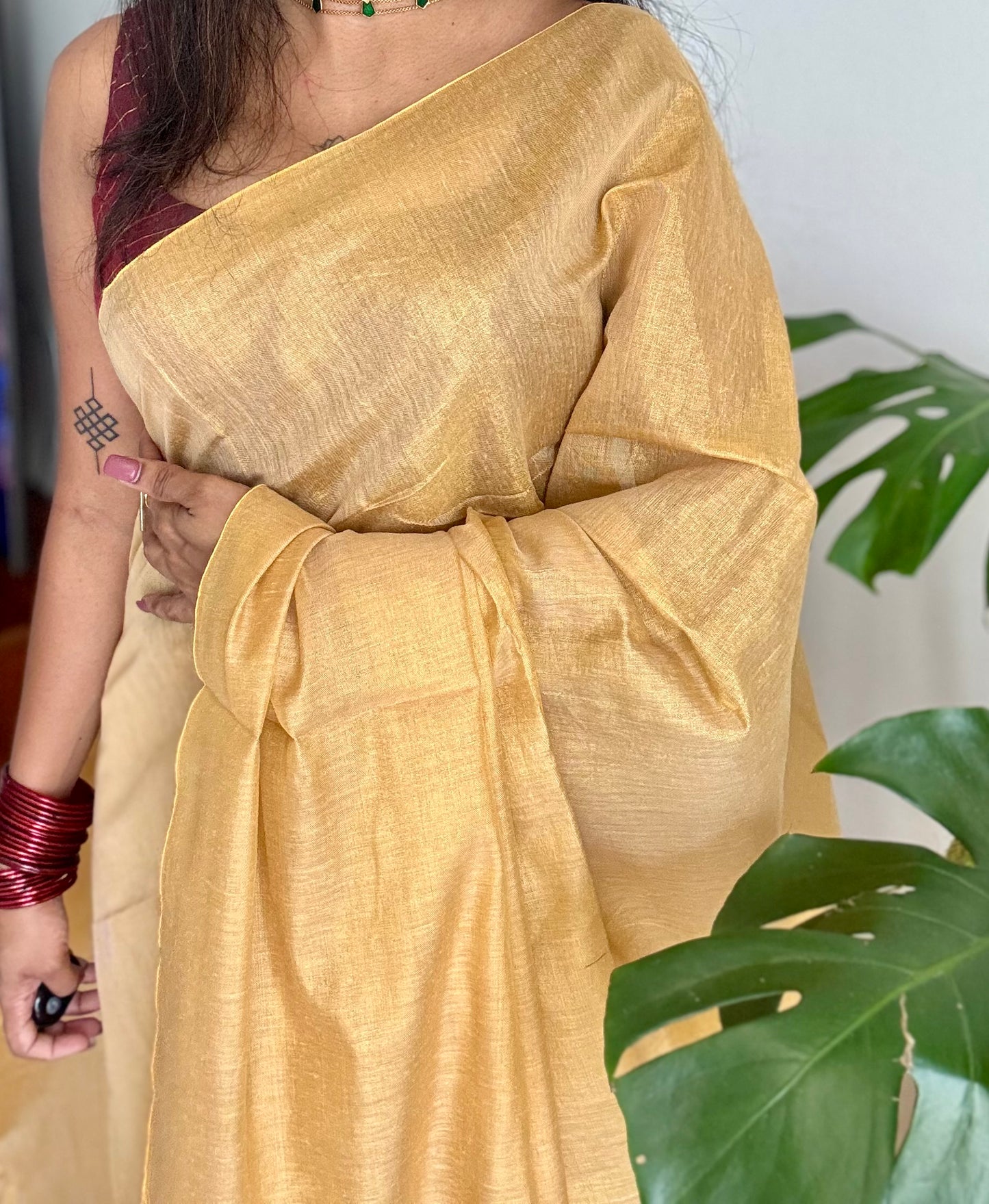 Plain gold mul tissue saree, striped pallu - YCIEON07