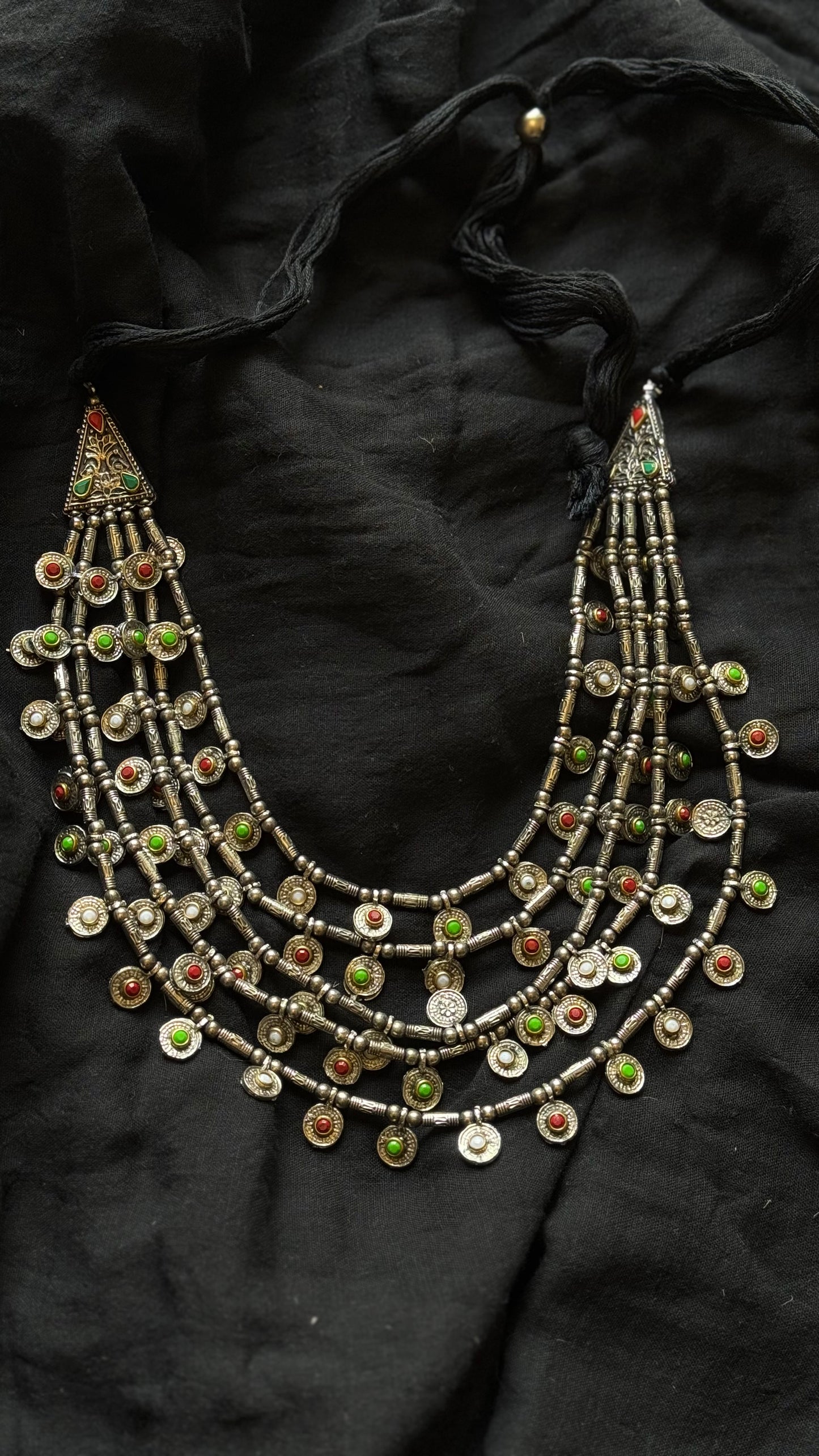 Multilayered coin necklace with coloured stones, oxidised silver - YCOSNP447