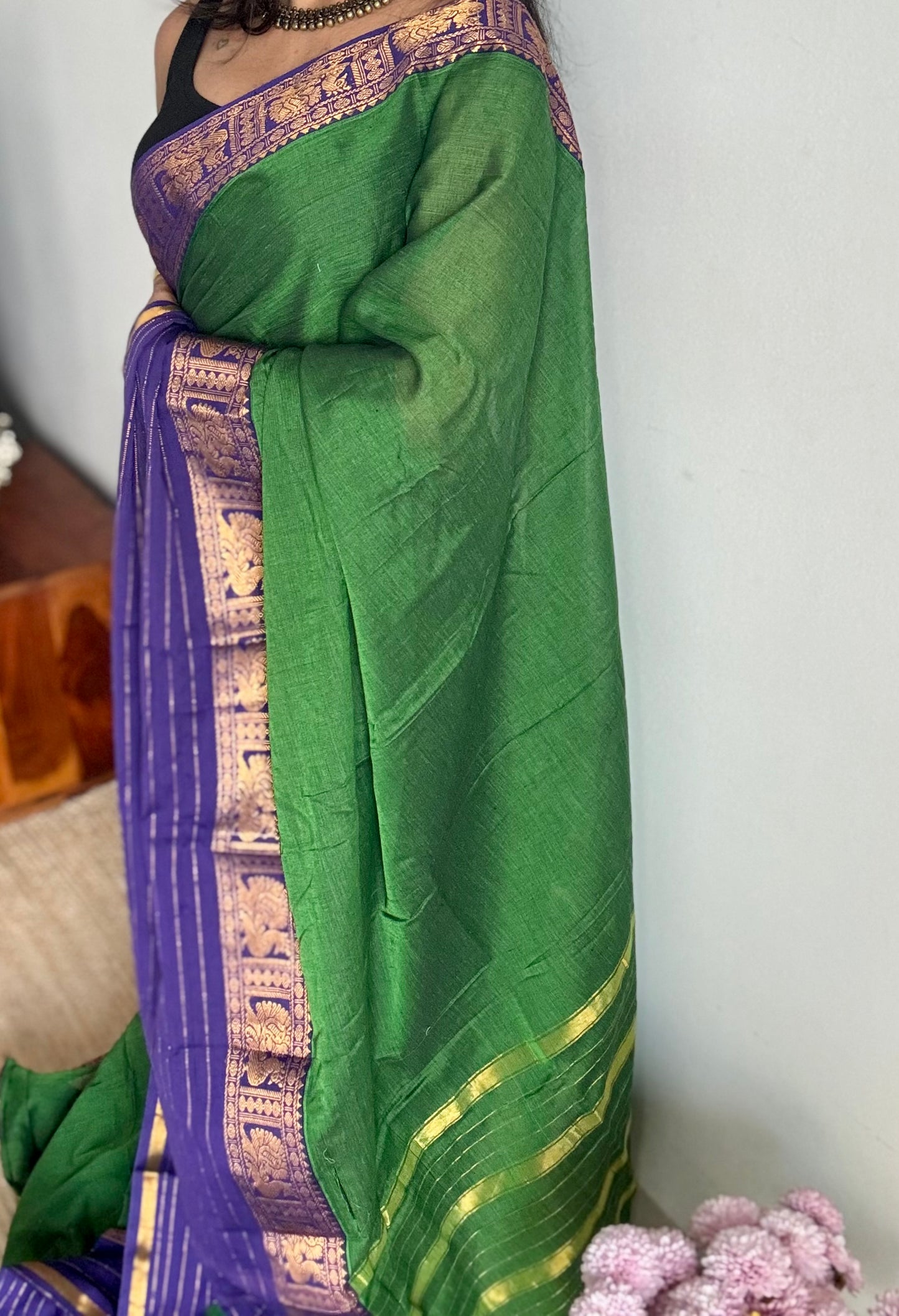 Green with blue border, premium narayanpet soft cotton - YCWOTDNPFE27