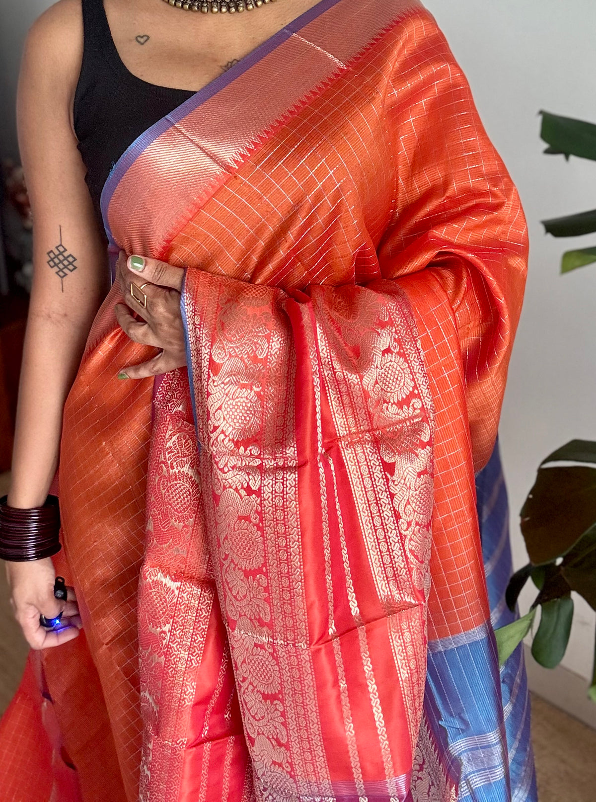 Orange with blue silver zari checks, silver and gold peacock woven zari border, mangalgiri silk cotton, handwoven, soft, light weight - YCWOTDMSCOC122