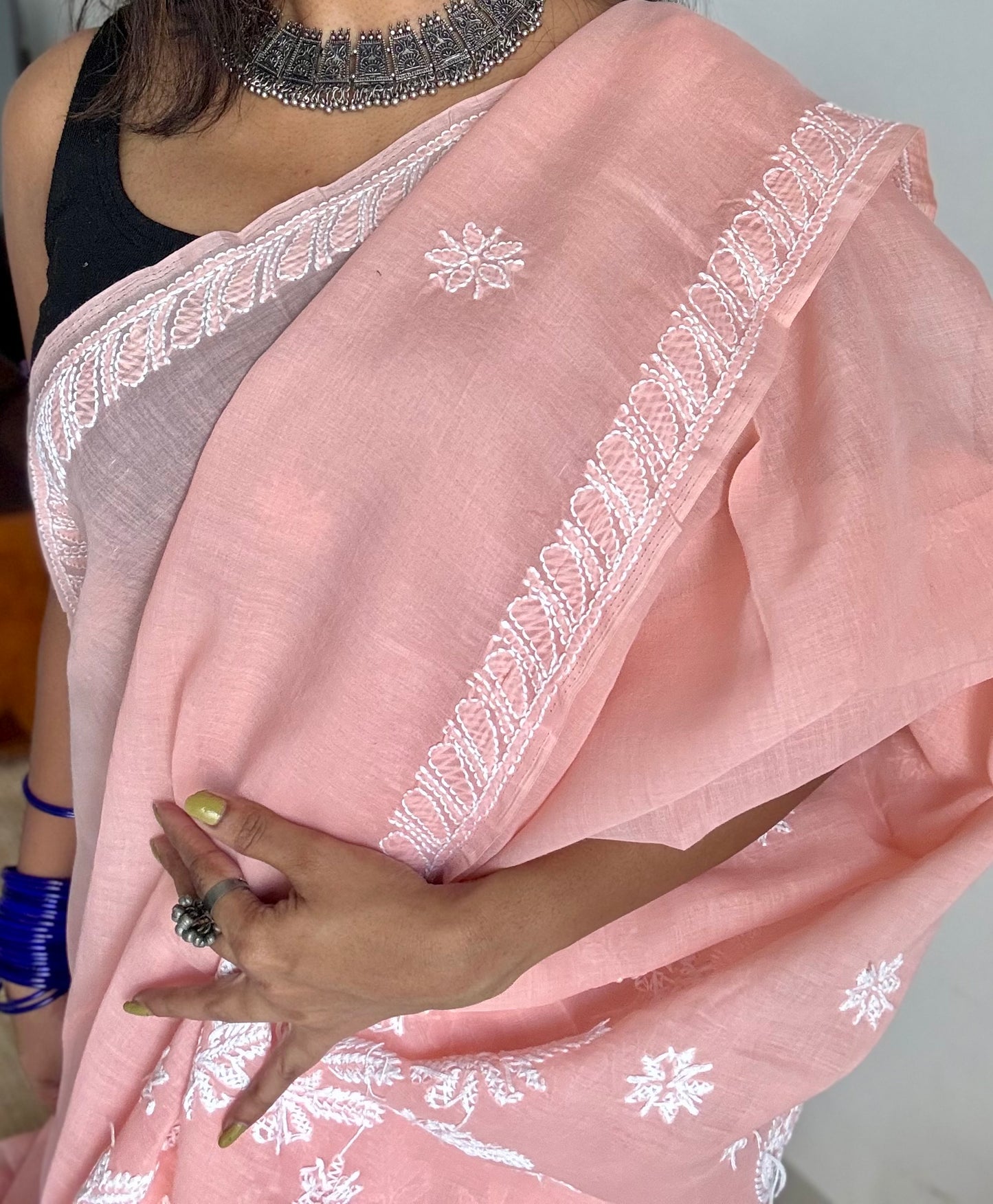 Noor - light peach hand-embroidered chikankari cotton saree - YCLCKFE426