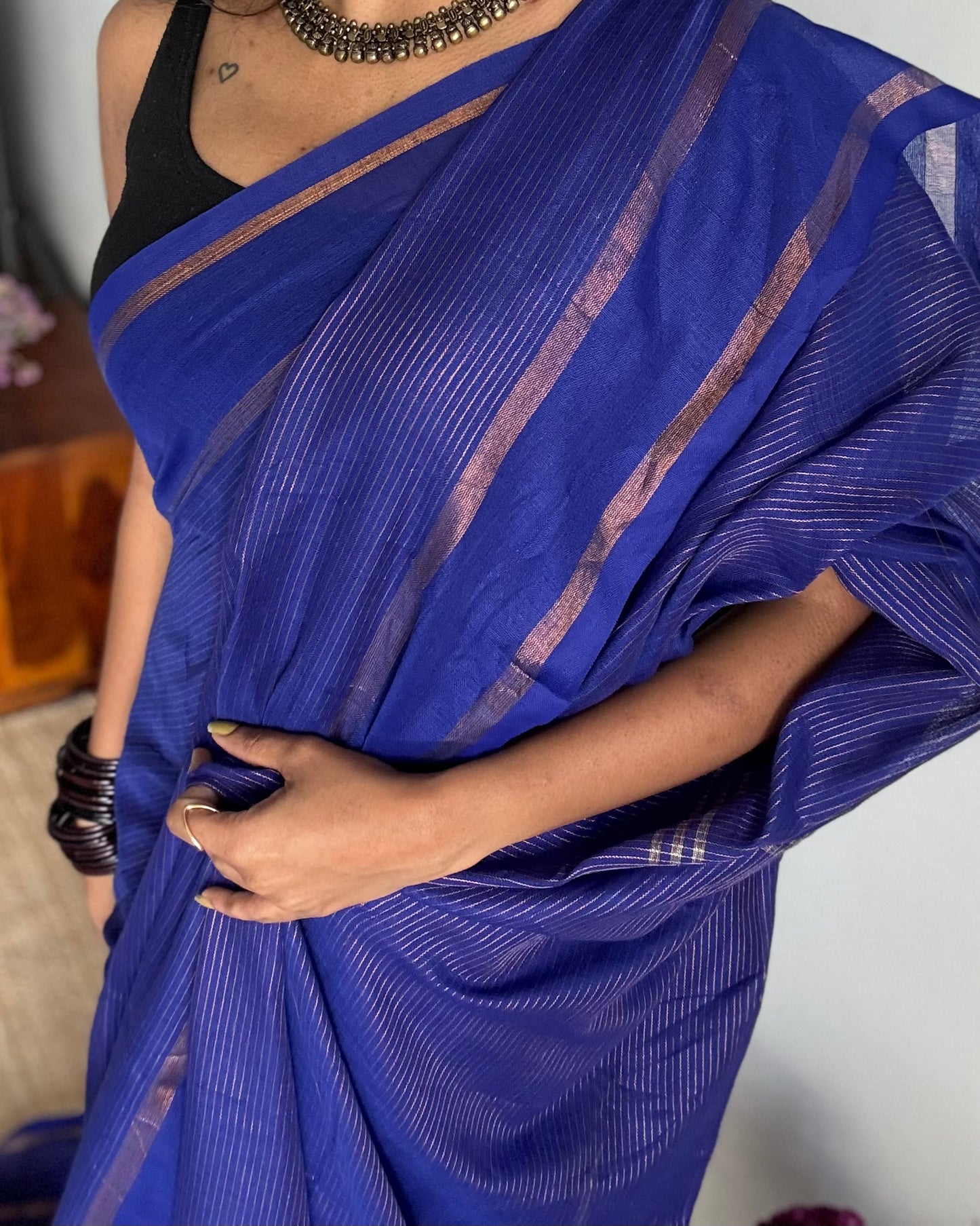 Royal blue, gap border, gold zari stripes, soft cotton - YCBCKCZDE120