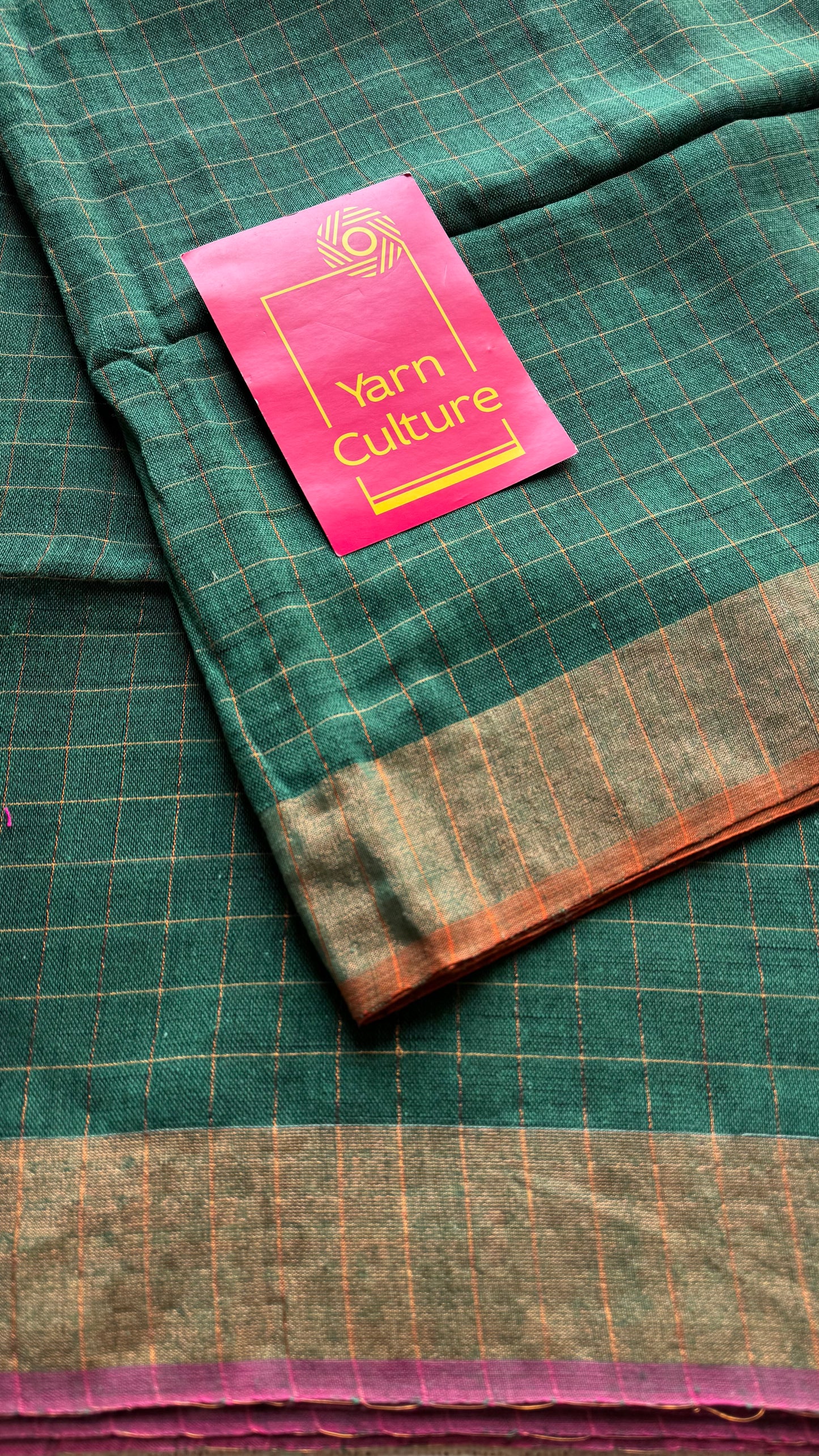 Green linen by cotton saree, gold checks & copper zari pallu - YCBCLCAP56