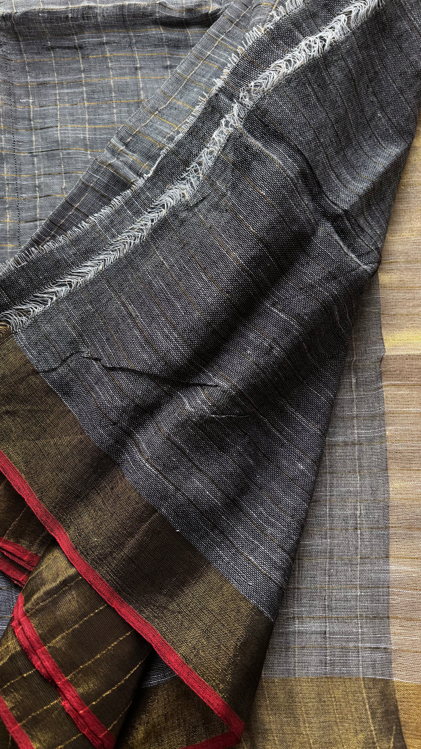 Grey linen by cotton saree, gold checks & gold zari pallu - YCBCLCFE388