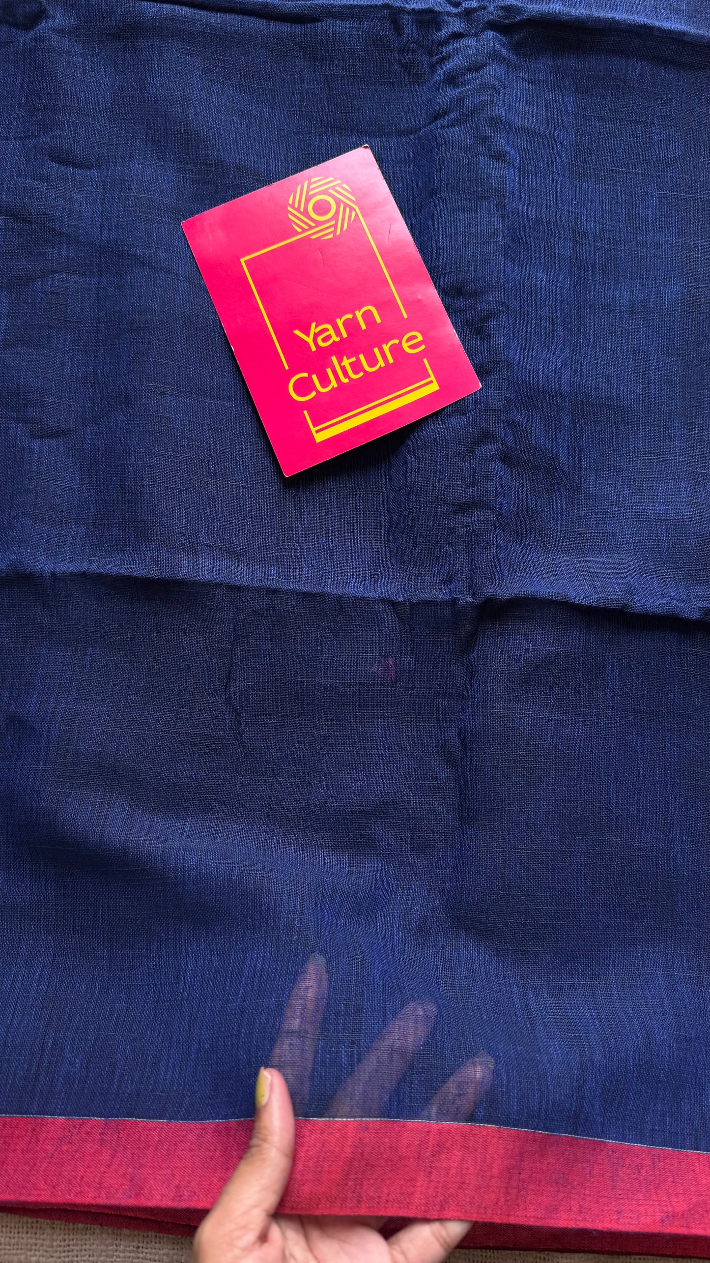 Dark blue plain linen by cotton saree with copper zari pallu - YCBCLCFE395