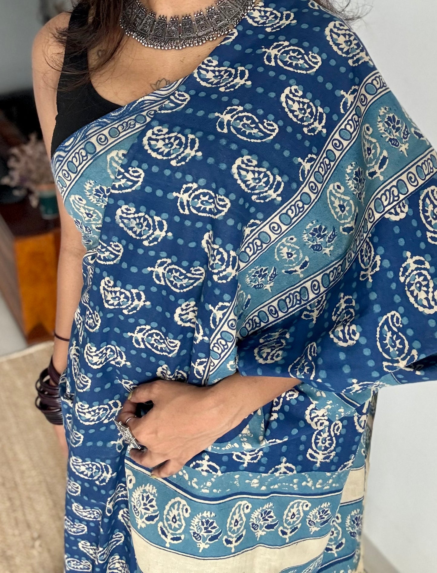 Indigo with light blue kalamkari, paisley motifs, soft cotton - YCWOTDOCMP84