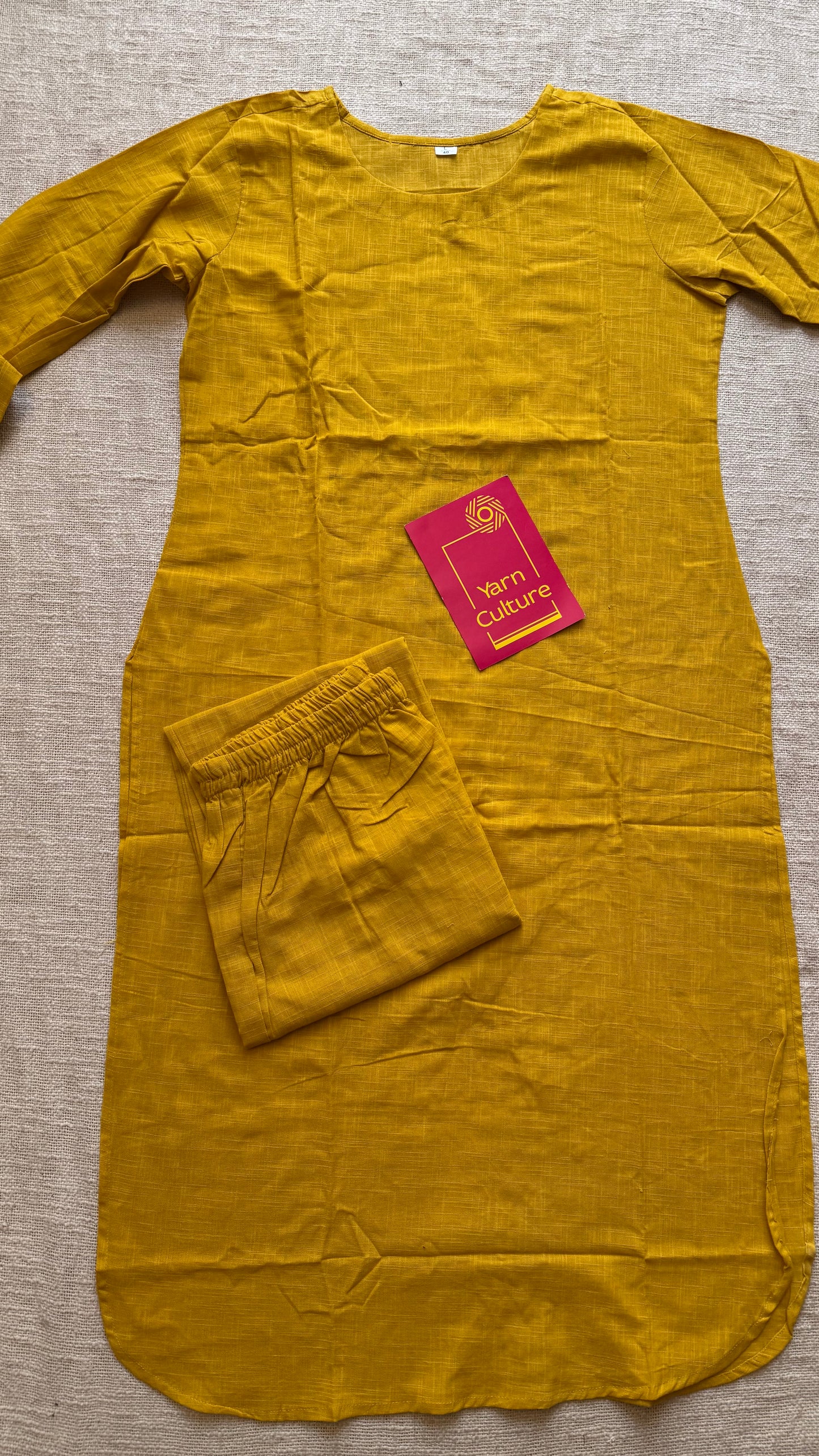 Yellow cotton round-neck stitched kurta co-ord set, three-fourth sleeves - YCSEBPSFE249