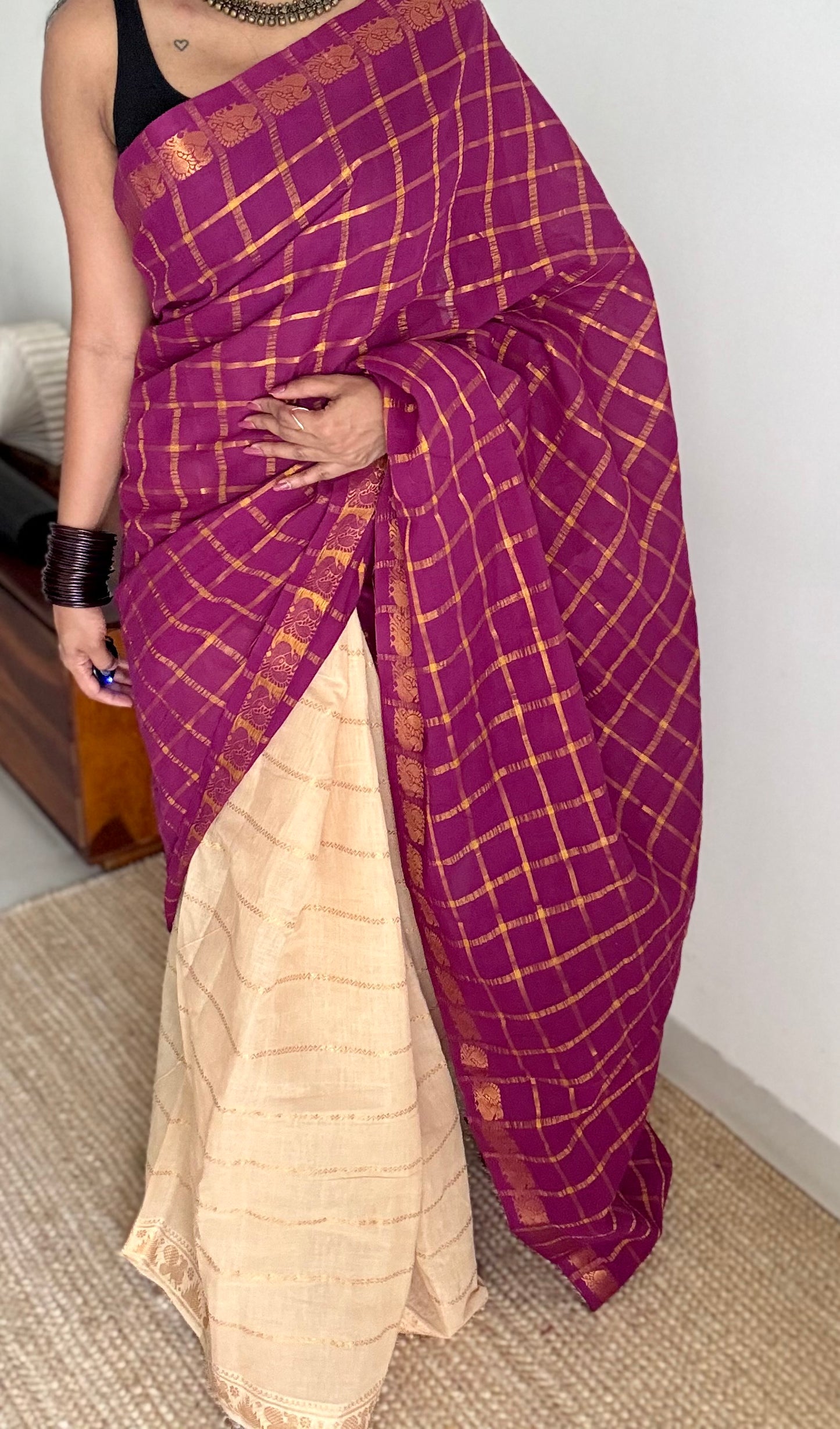 Vadamalli with cream, sungudi cotton half-half saree - YCCOTNIDMA285