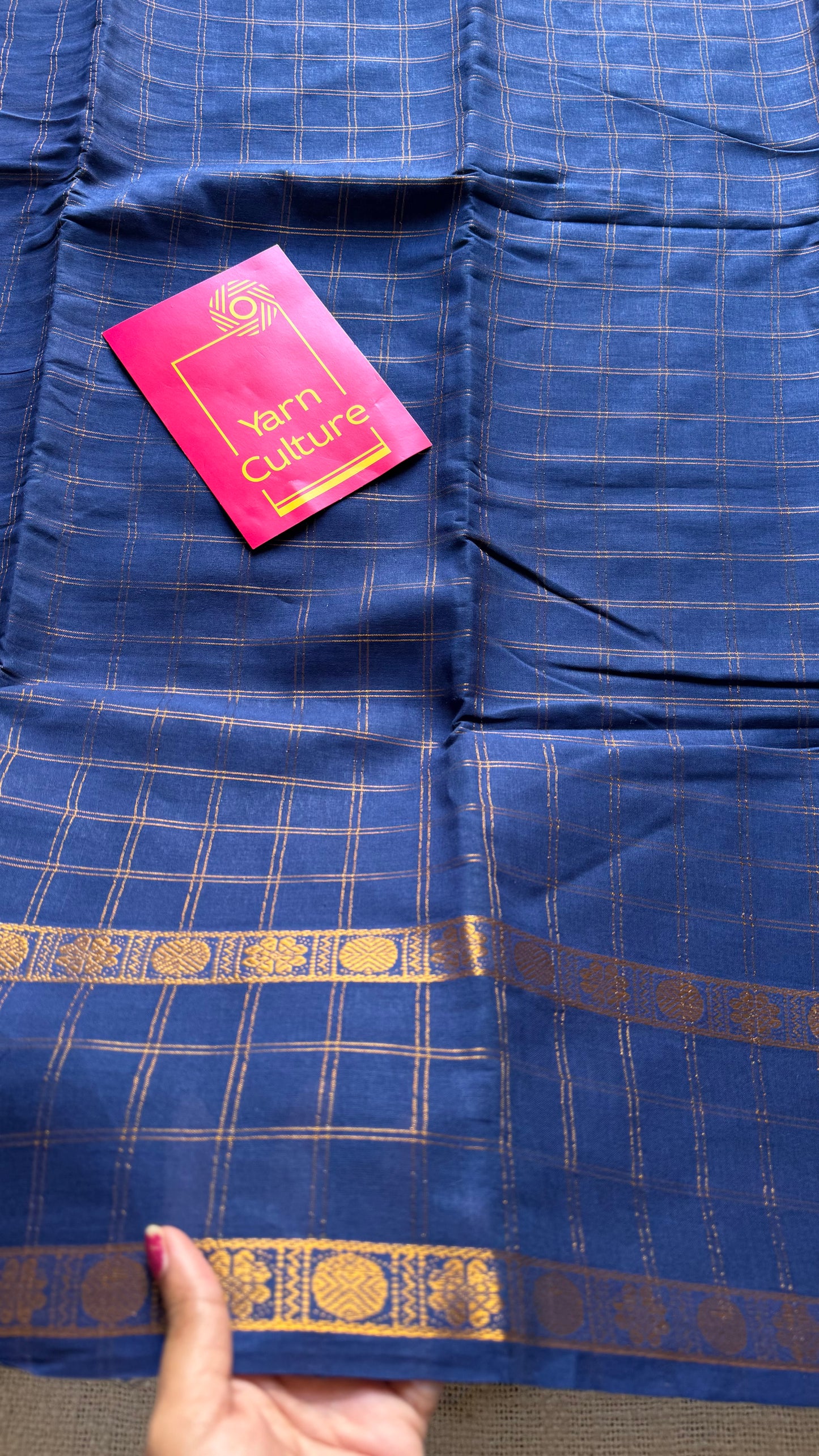 Navy blue adayar gold zari kattam, sungudi cotton - YCCOTNOCSC47