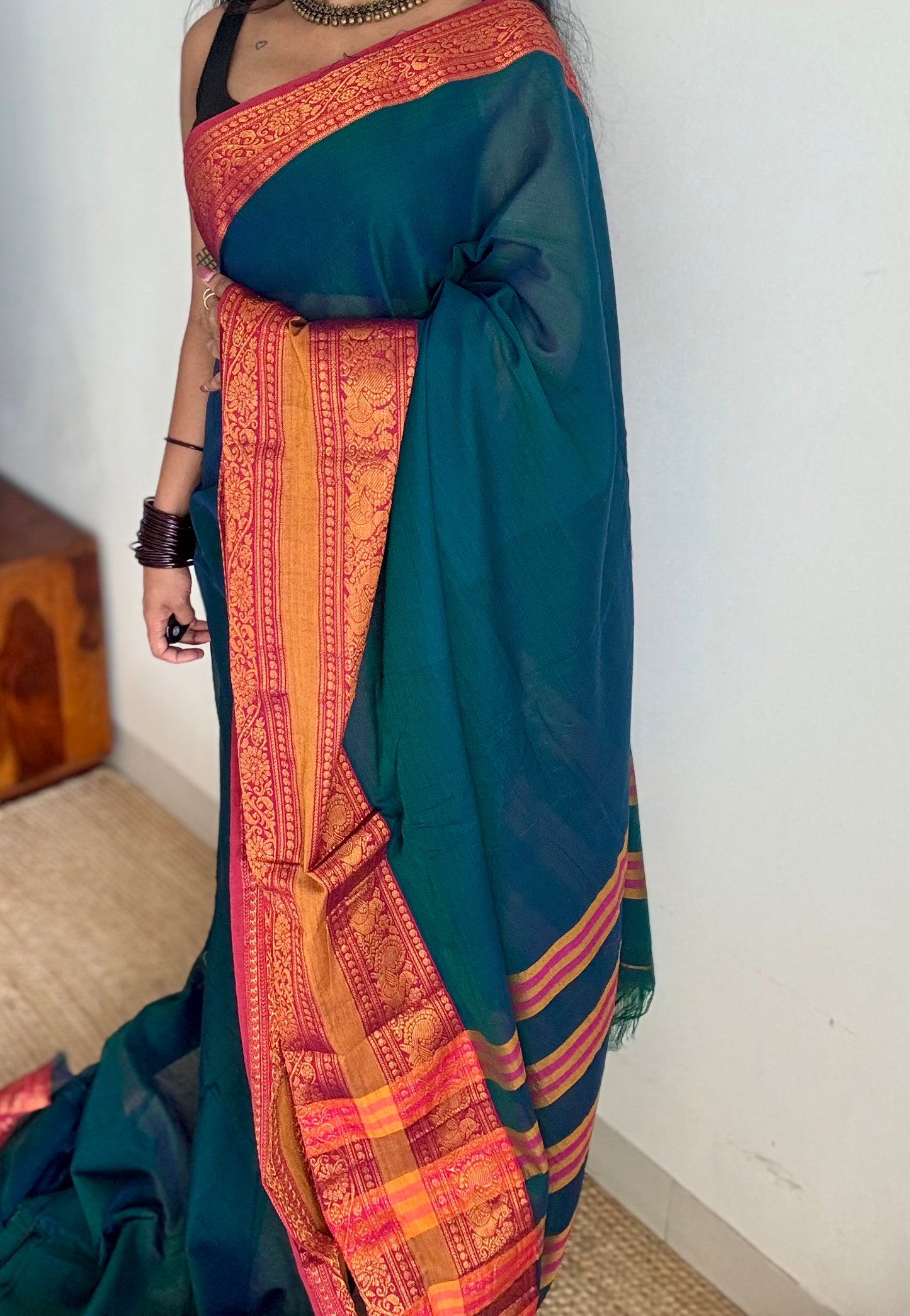 Peacock blue with dark pink wide border, narayanpet soft cotton saree - YCWOTDAUG02