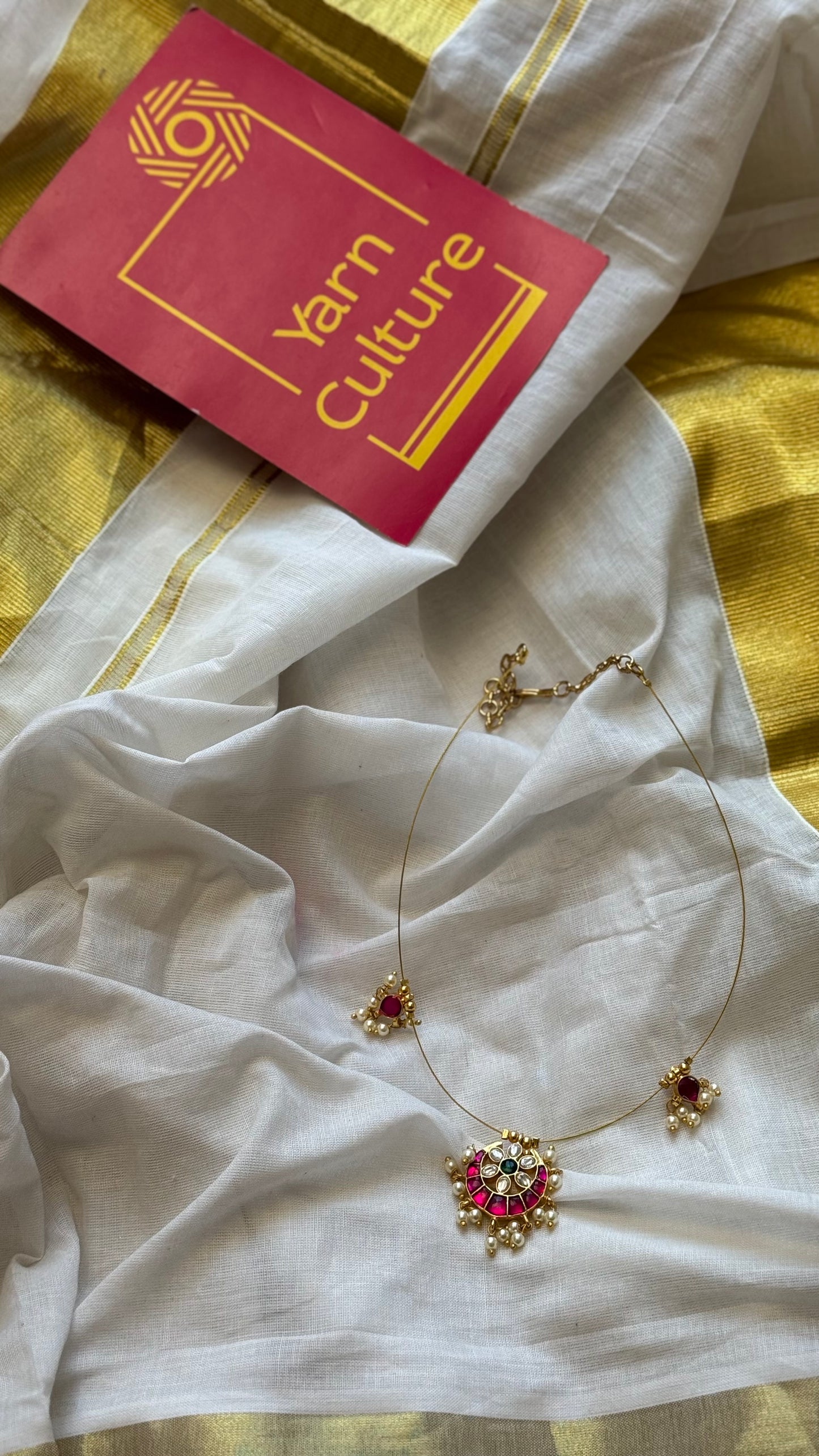 Invisible neckchain with jadau kundan stones & pearl hangings - ruby, green, white - YCGPNP688