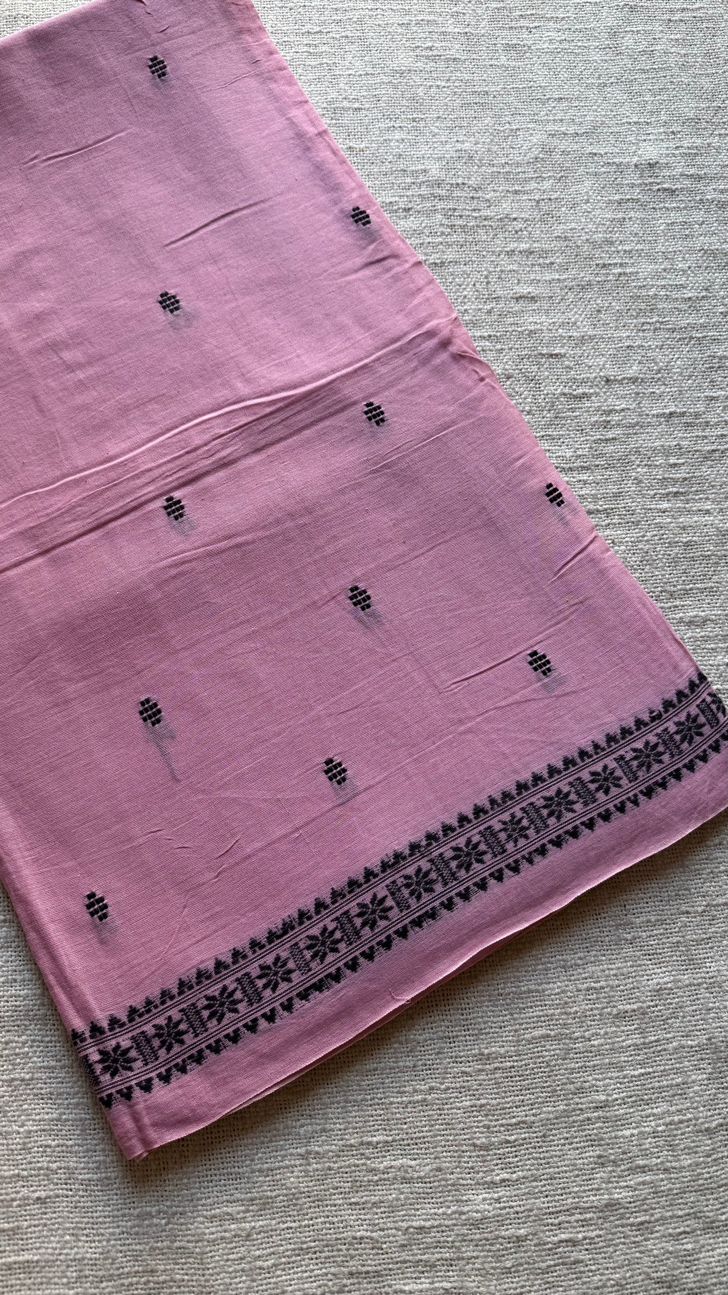 Dhonekhali handloom soft cotton saree, powder pink with black woven buttas and border - YCBCDFE249