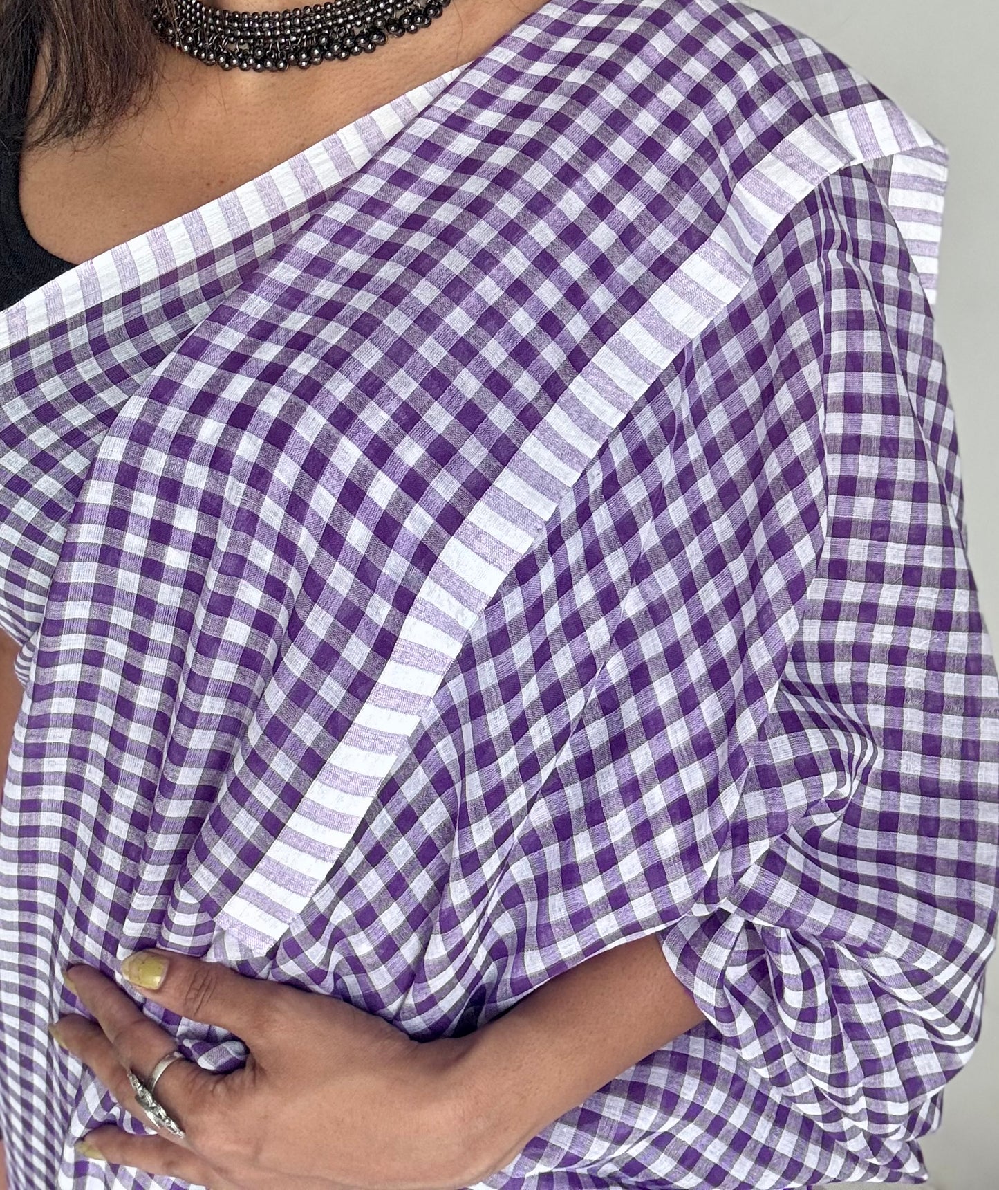 Purple and white checkered mul cotton saree  - YCBCMCCMA32