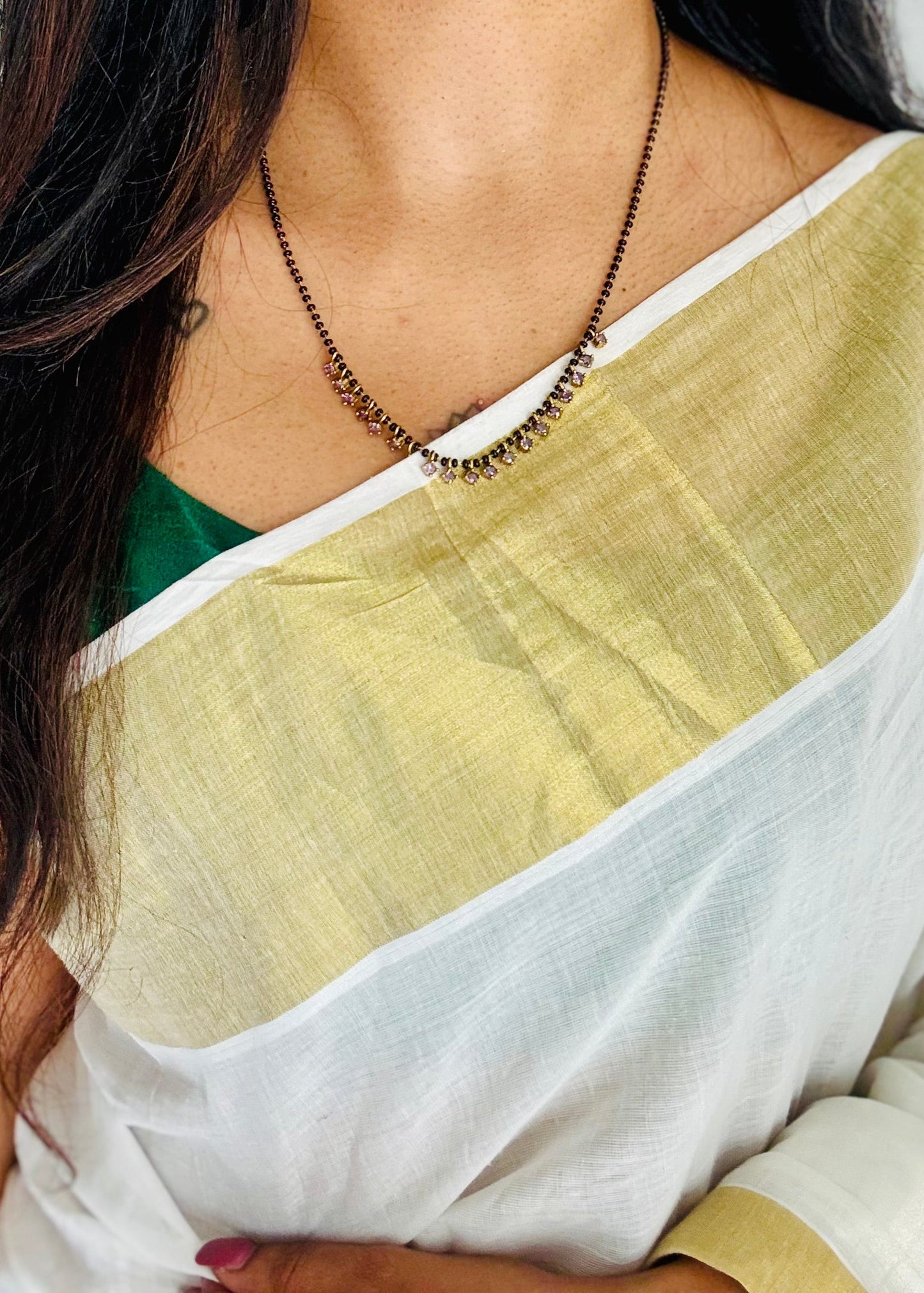 Black beaded (karimani) neckchain with lilac stone pendants, with earrings - YCGPNP810