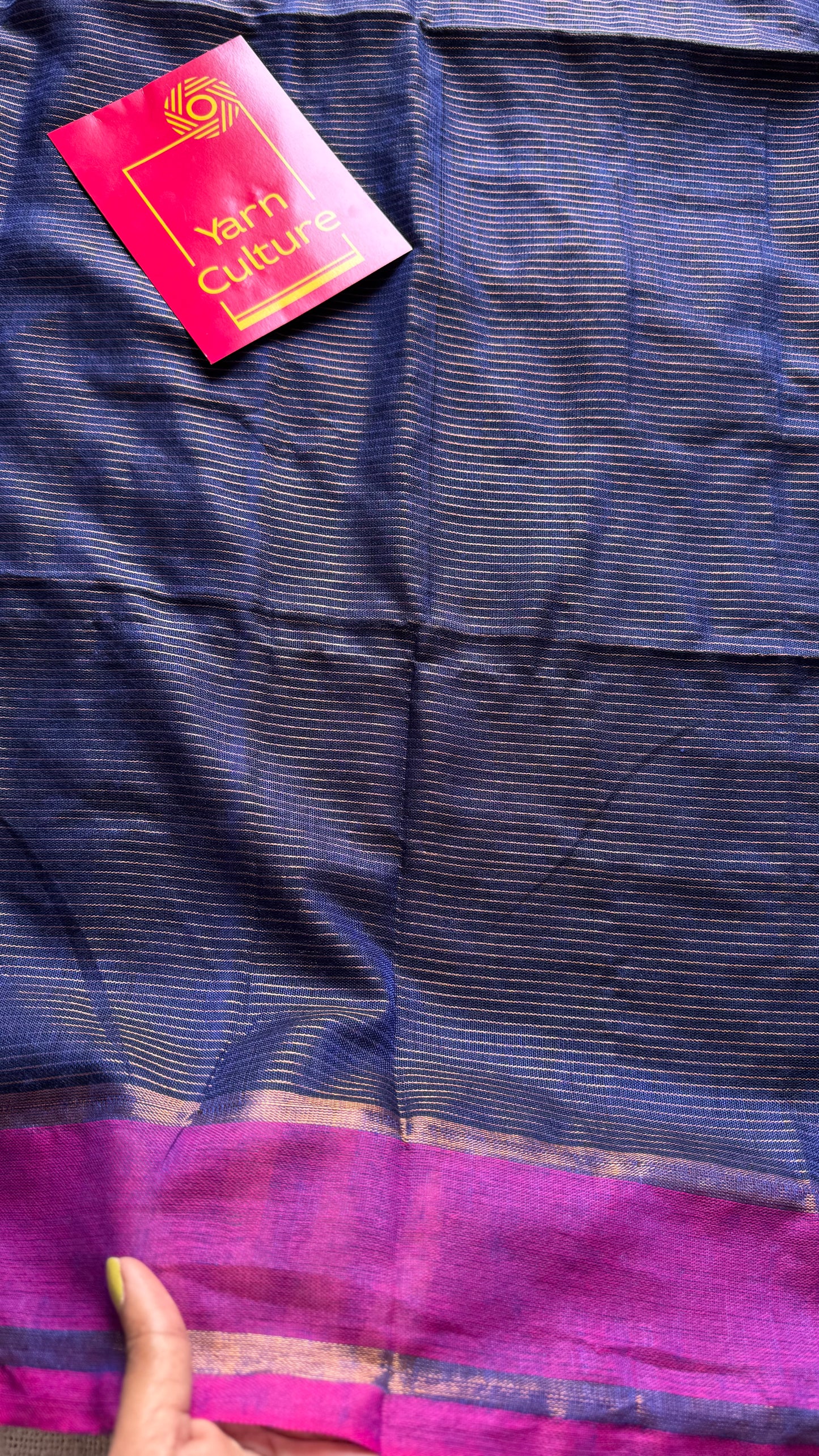 Dark blue with magenta gap border, gold zari stripes, soft cotton - YCBCKCZDE129