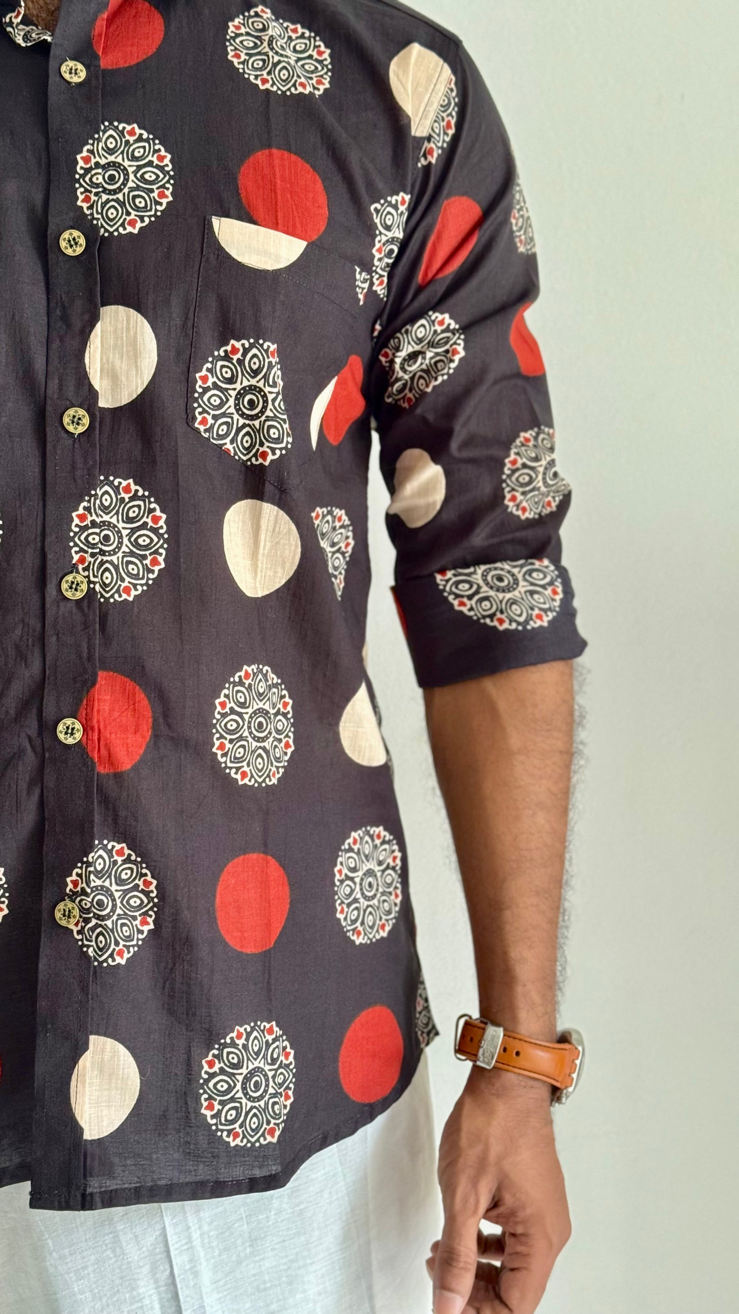 Black Red & White Ajrakh Block Printed Cotton Men's Full Sleeve Collared Shirt - YCMSEIE199
