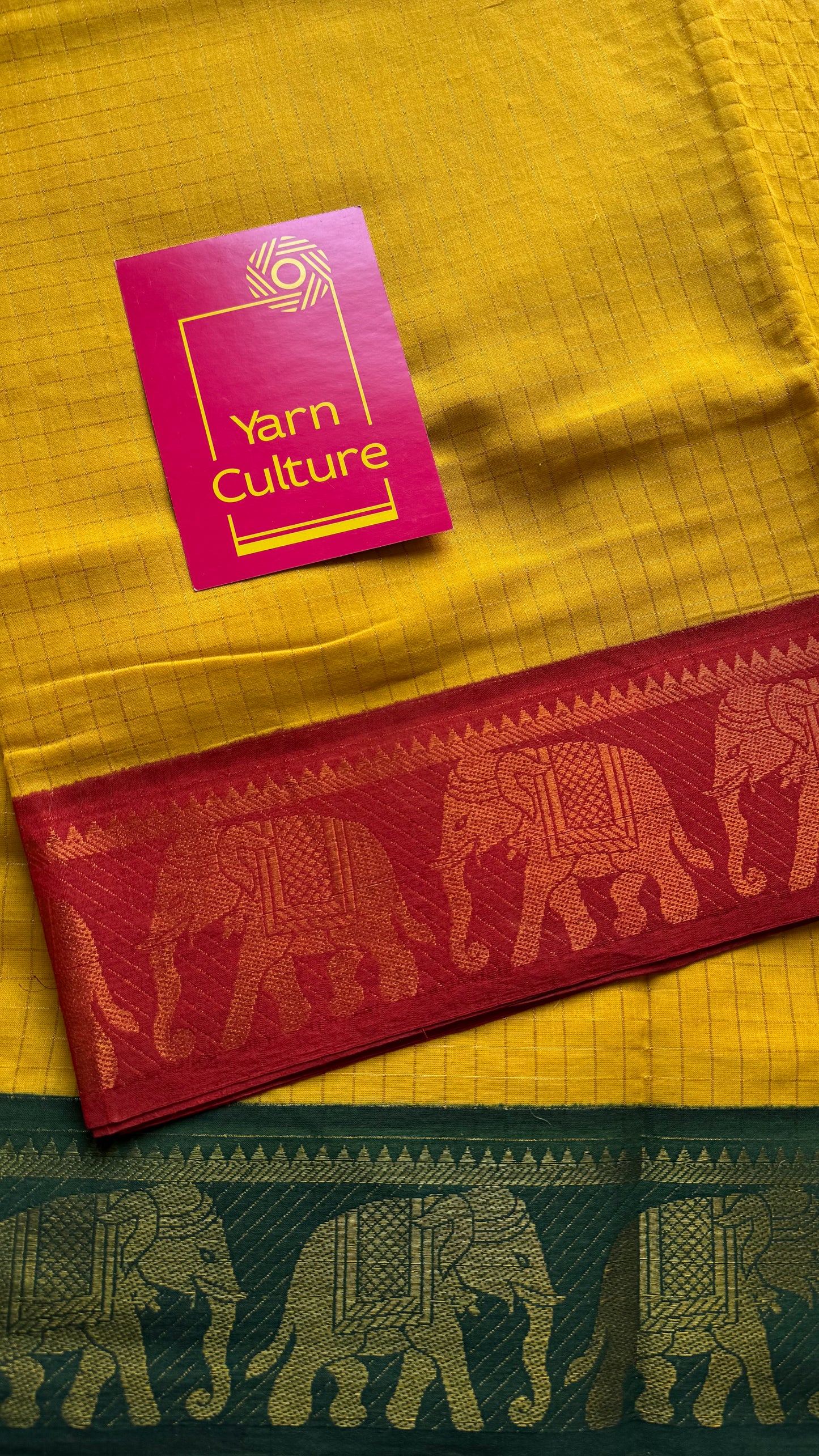 Sungudi cotton checks, yellow base, red and dark green border with elephant motifs, soft cotton - YCCOTNGJJA171