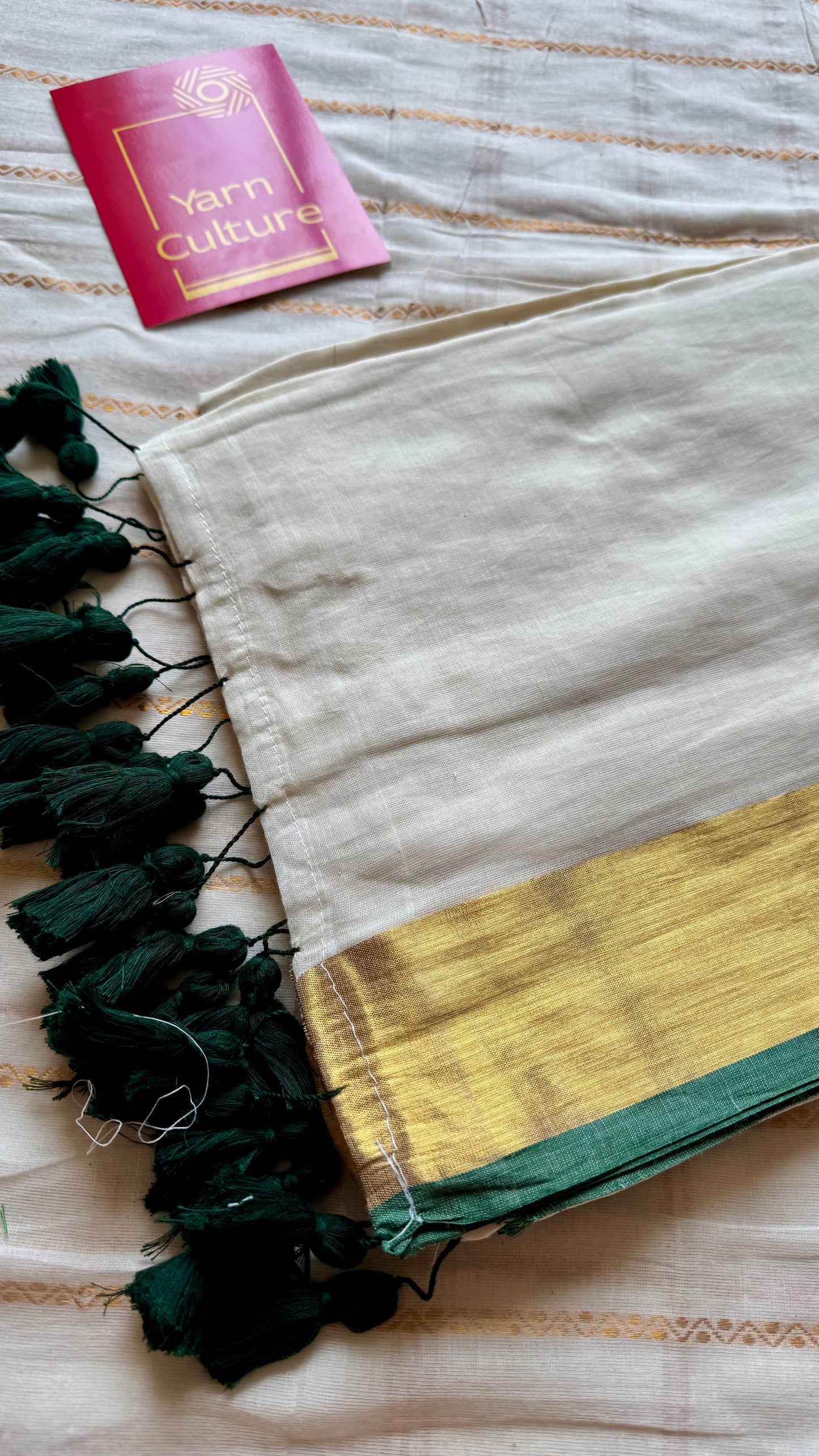 Ivory mul saree, green and gold border -YCIEON16