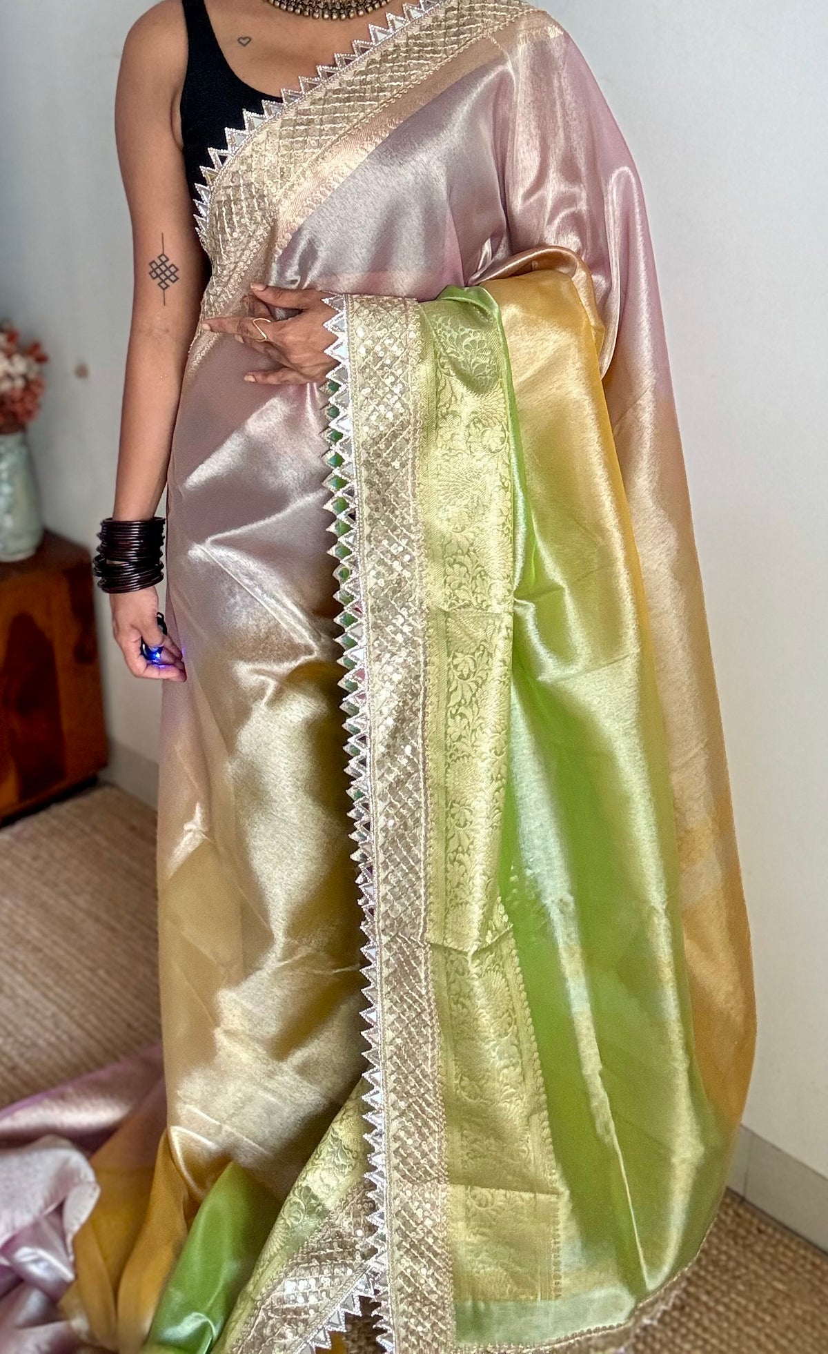 Pastel pink, green and yellow tissue Banarasi saree with embellished mirror border - YCBLTOC73