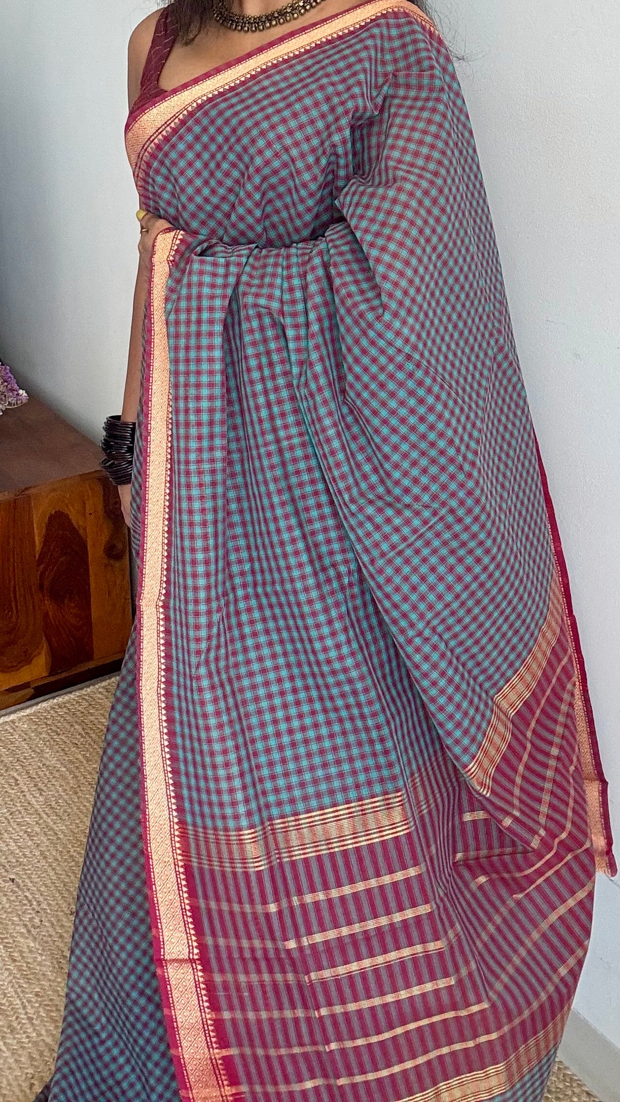 Blue Chettinad cotton saree with maroon checks - YCCOTNCCFE145