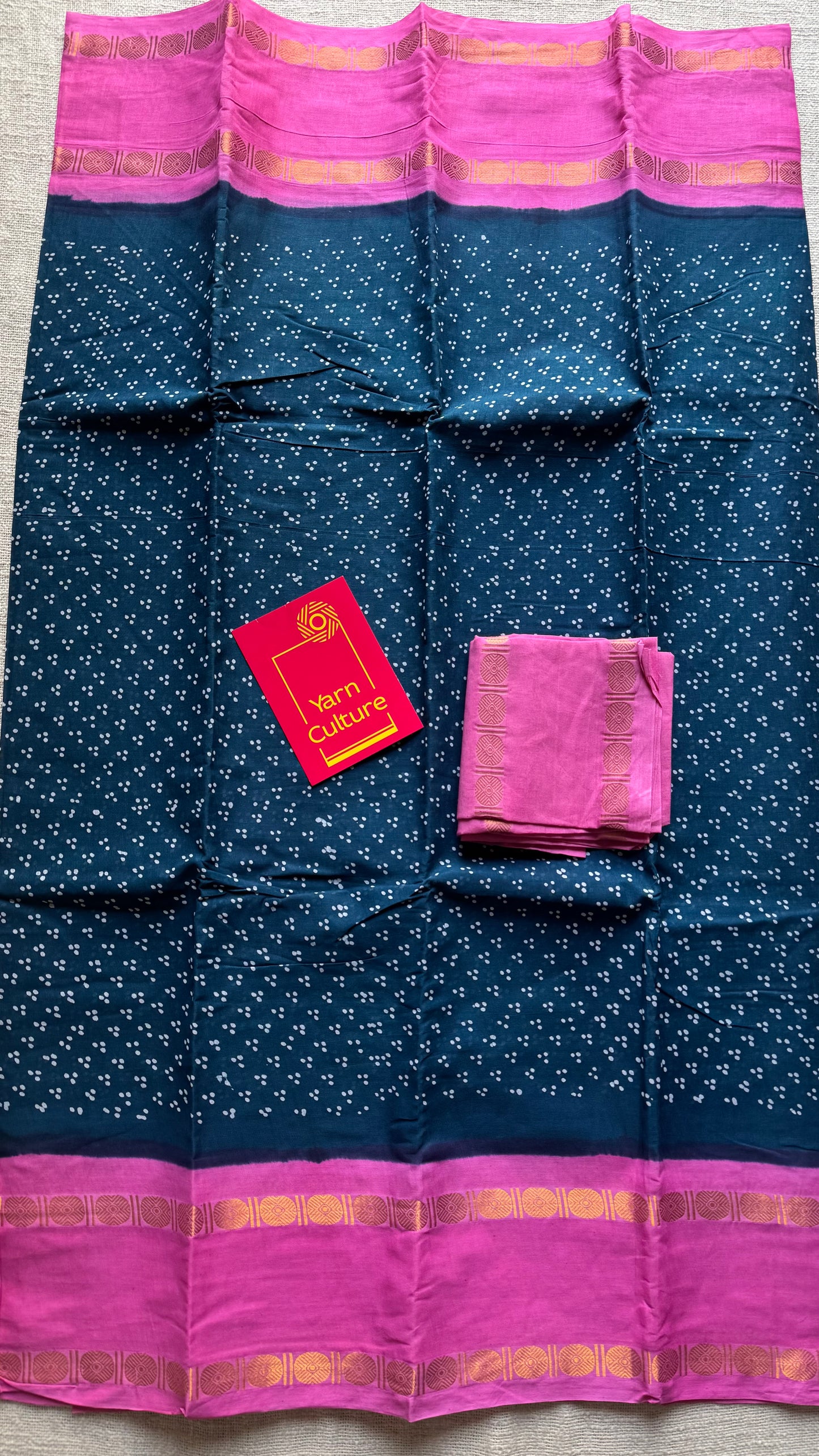 Peacock blue with pink contrast border, kattuchayam dyed madurai sungudi cotton saree - YCCOTNMSFE84