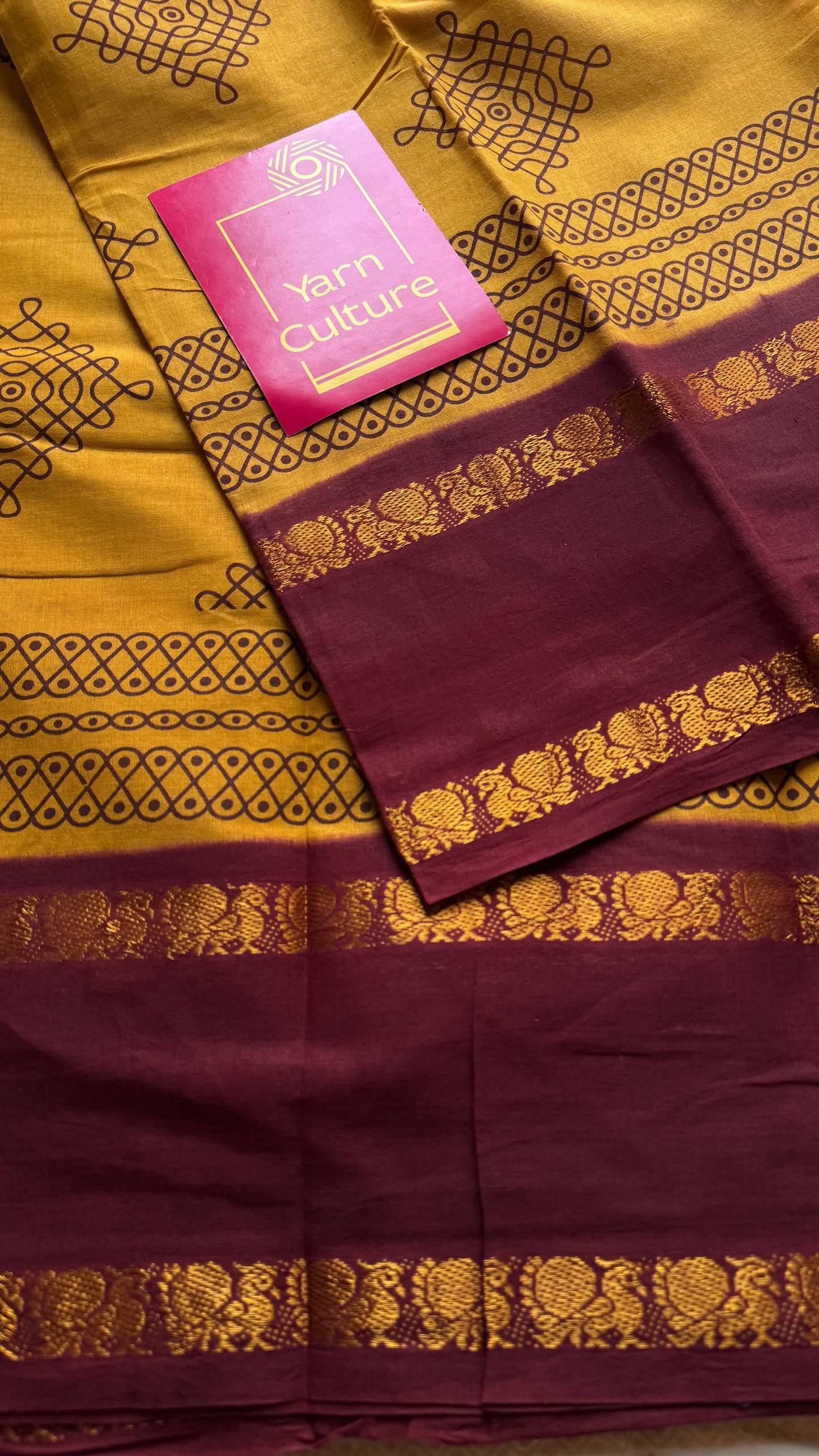 Turmeric yellow with maroon, kolam print, rettaipettu peacock double border, madurai soft cotton - YCCOTNMSAP202